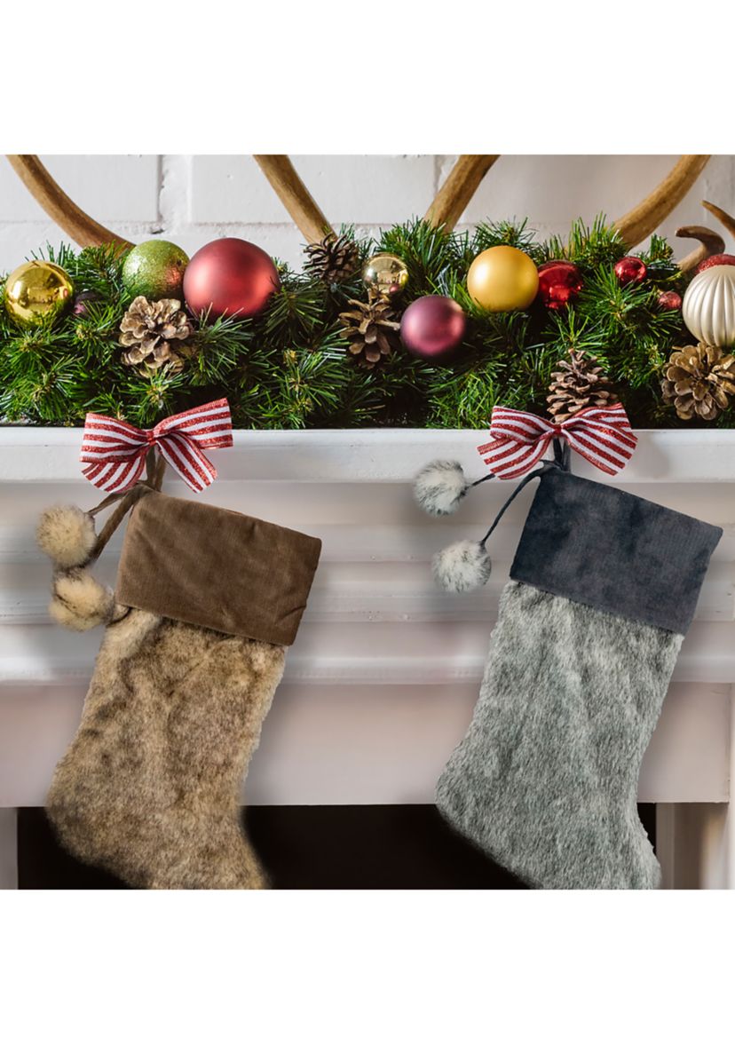 20.5-Inch Gray Faux Fur Christmas Stocking with Corduroy Cuff and Pom Poms