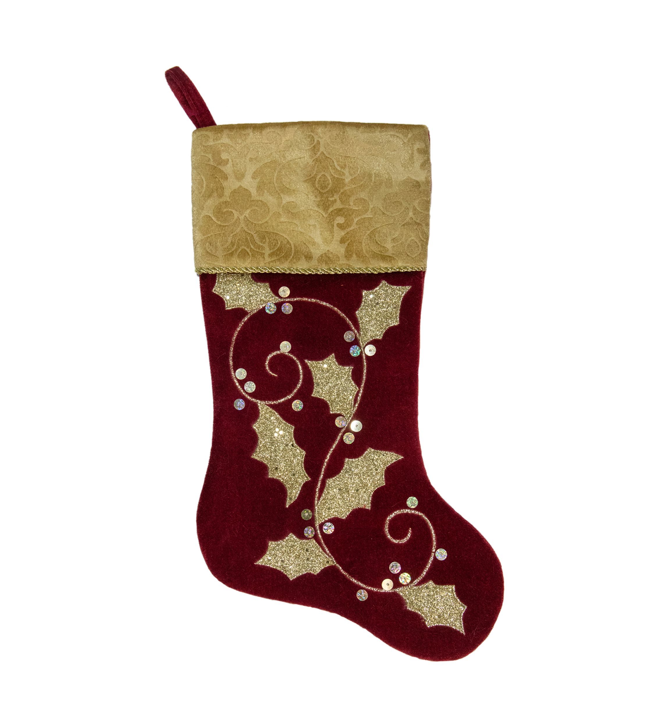 20.5-Inch Velvet Gold and Maroon Etched Cuff Christmas Stocking