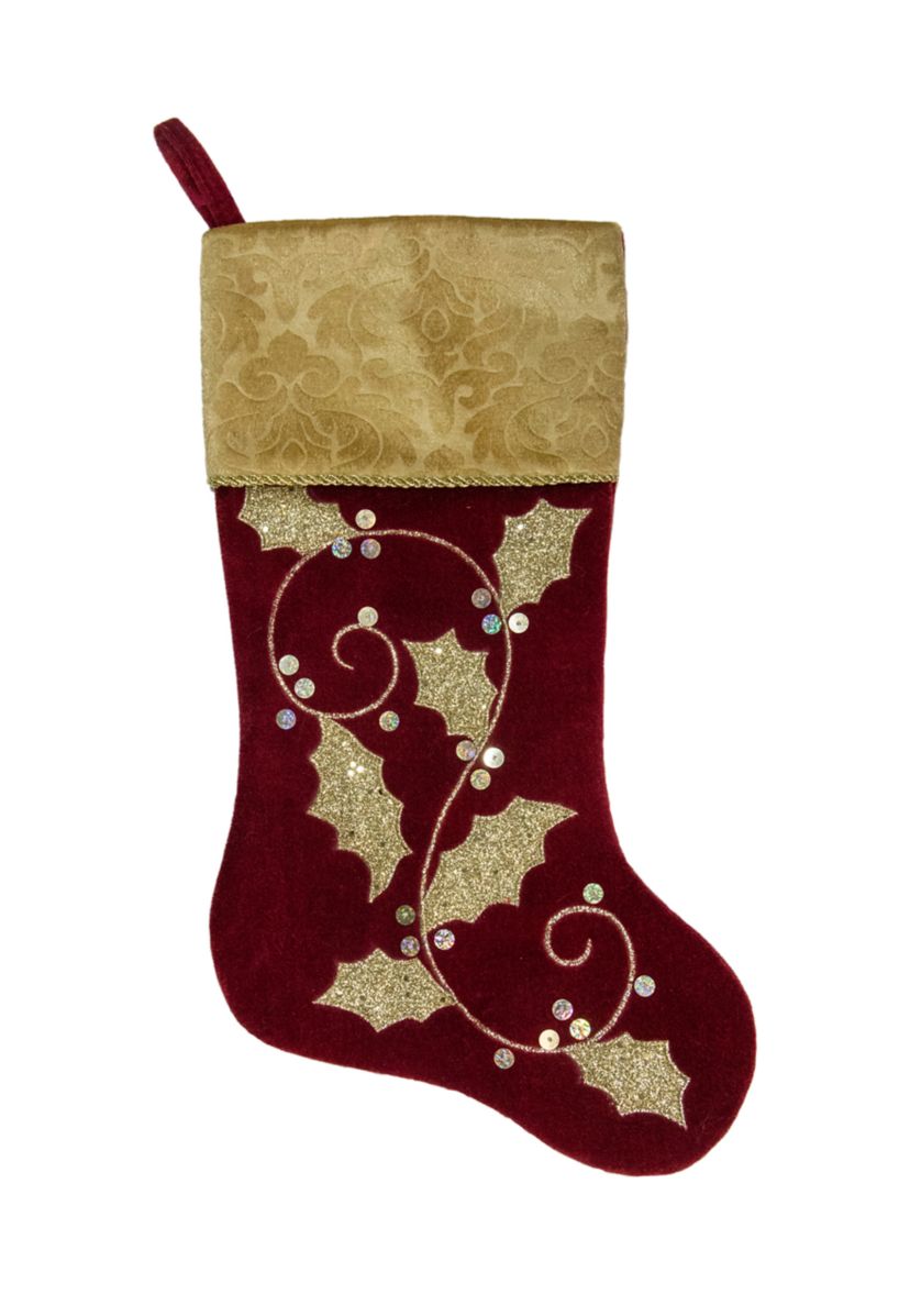 20.5-Inch Velvet Gold and Maroon Etched Cuff Christmas Stocking