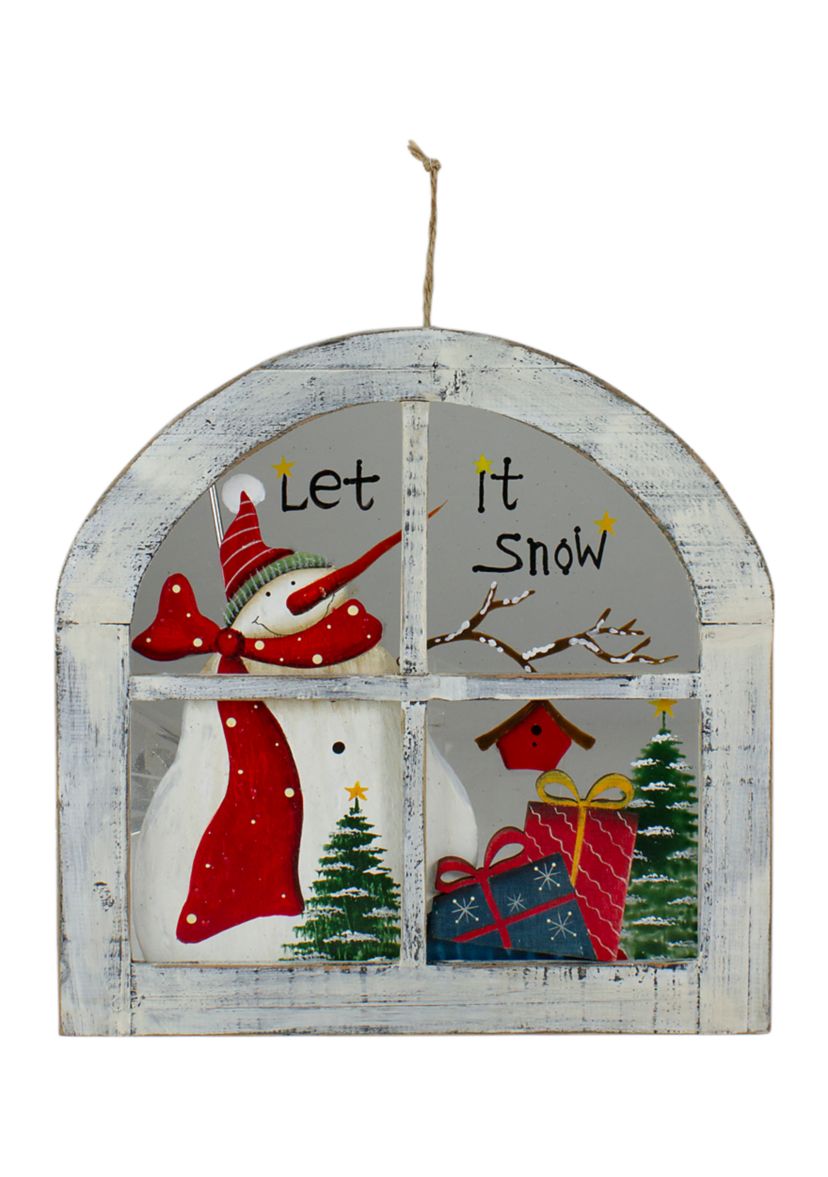 White Rustic InchLet It SnowInch Snowman Glass Window Scene Christmas Wall Decor