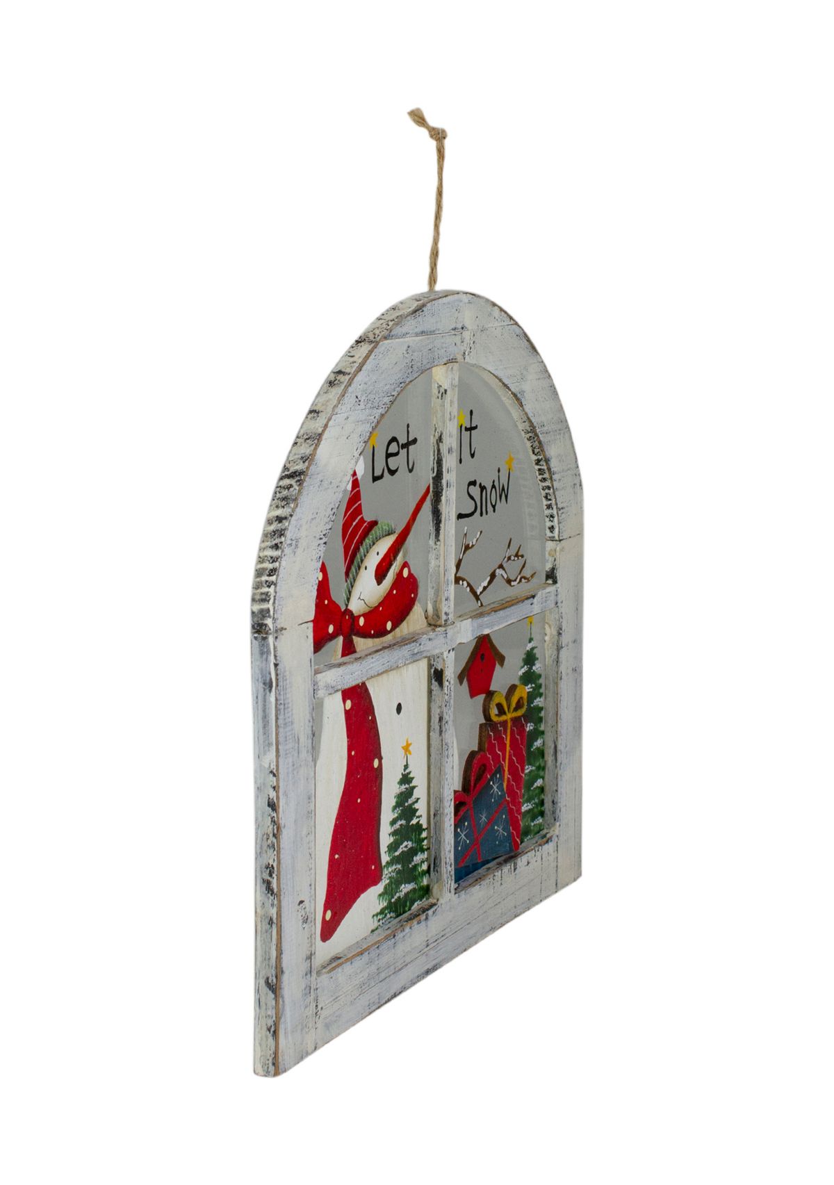 White Rustic InchLet It SnowInch Snowman Glass Window Scene Christmas Wall Decor