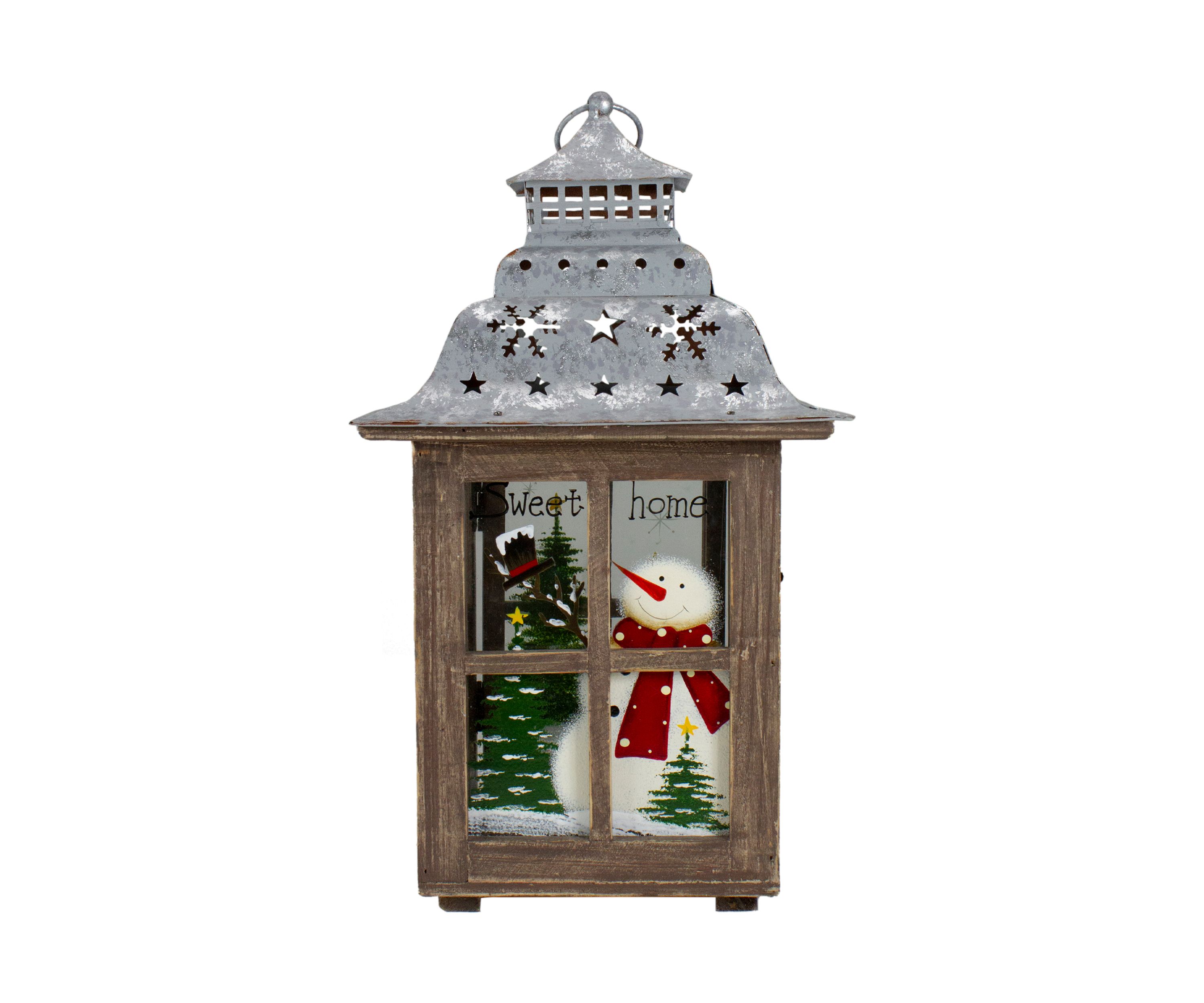 16.5Inch Rustic Wooden Snowman Holiday Scene Christmas Pillar Candle Lantern