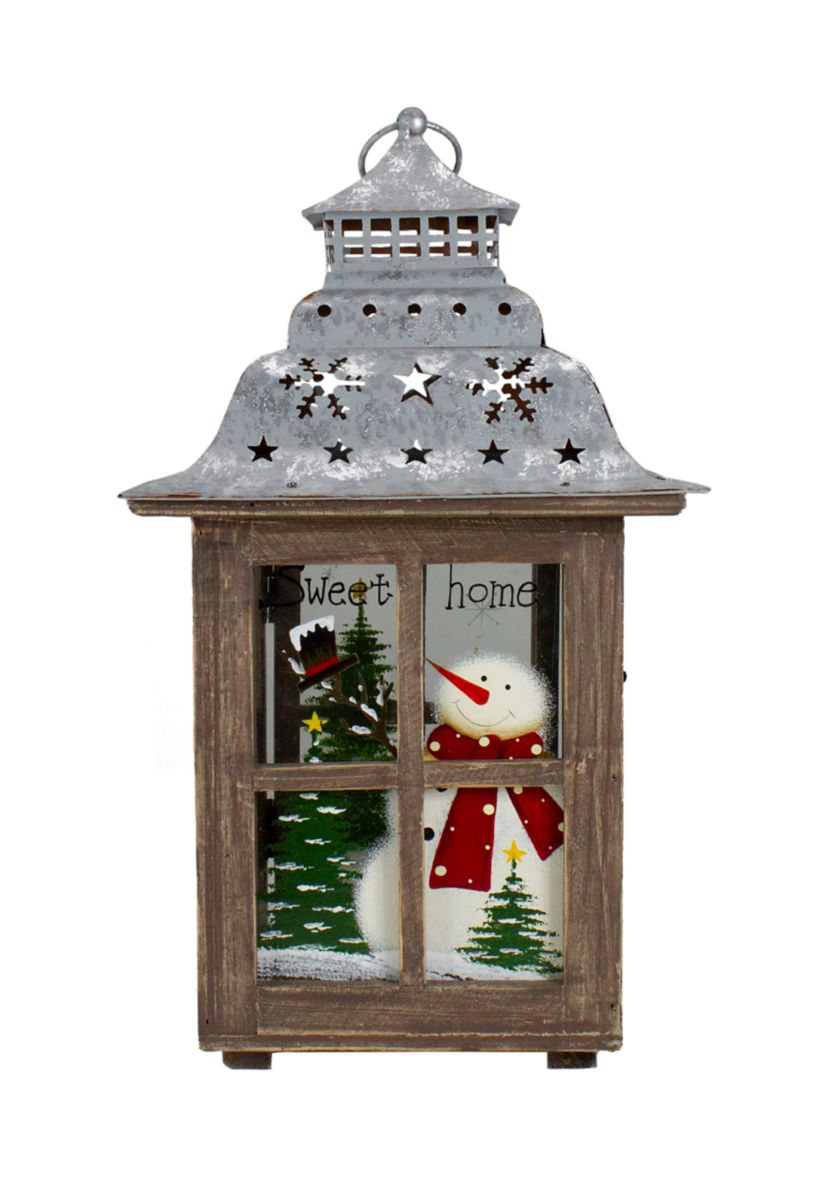 16.5Inch Rustic Wooden Snowman Holiday Scene Christmas Pillar Candle Lantern