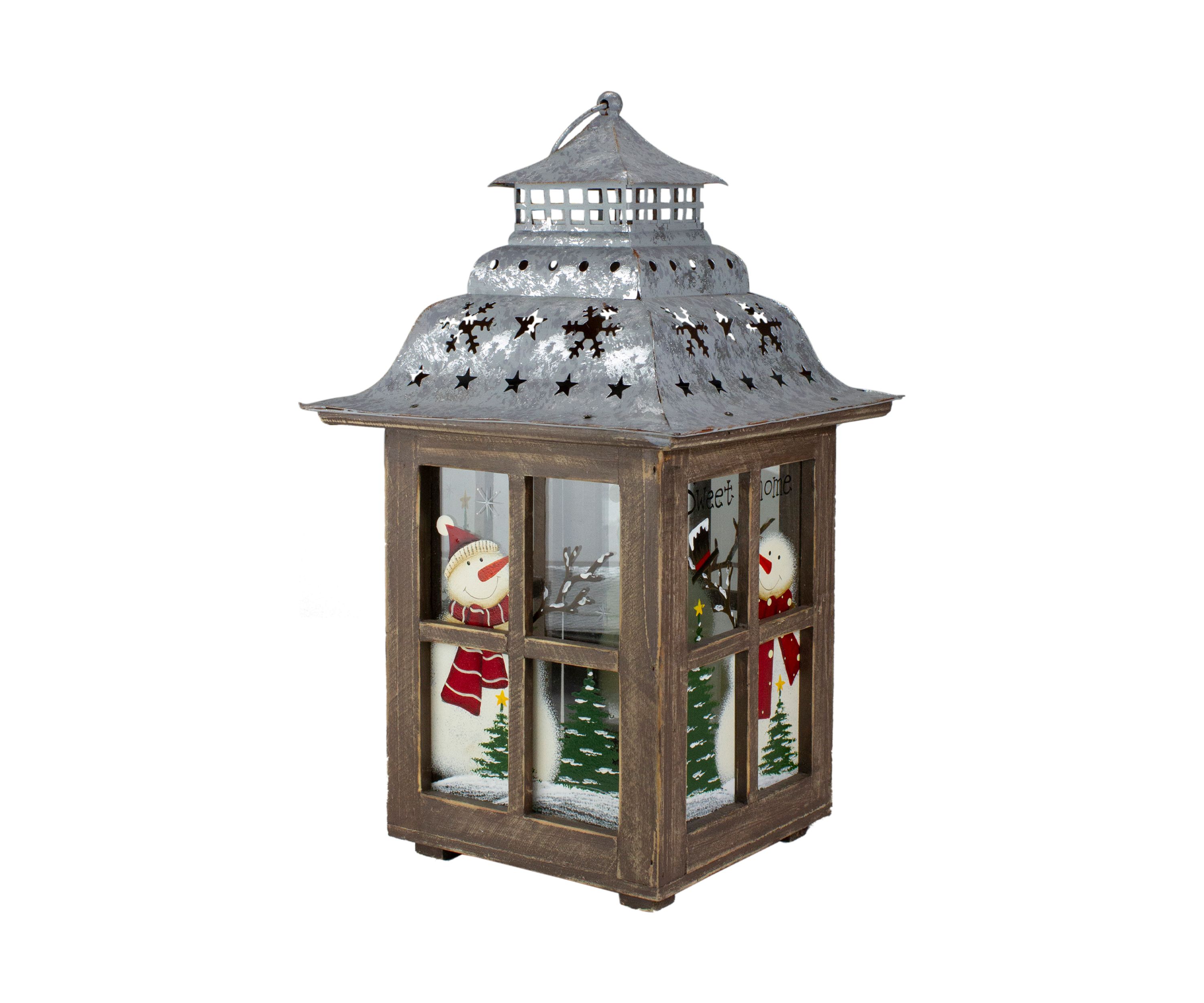16.5Inch Rustic Wooden Snowman Holiday Scene Christmas Pillar Candle Lantern
