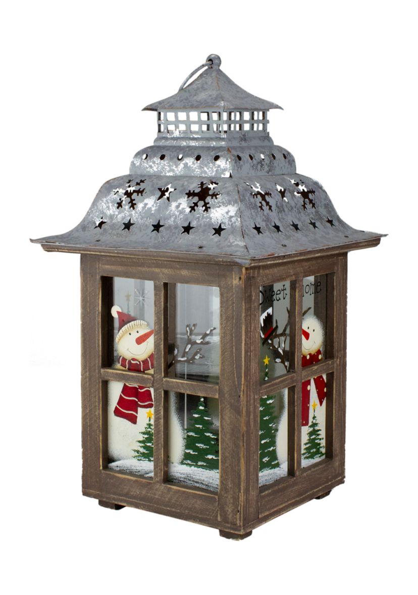 16.5Inch Rustic Wooden Snowman Holiday Scene Christmas Pillar Candle Lantern