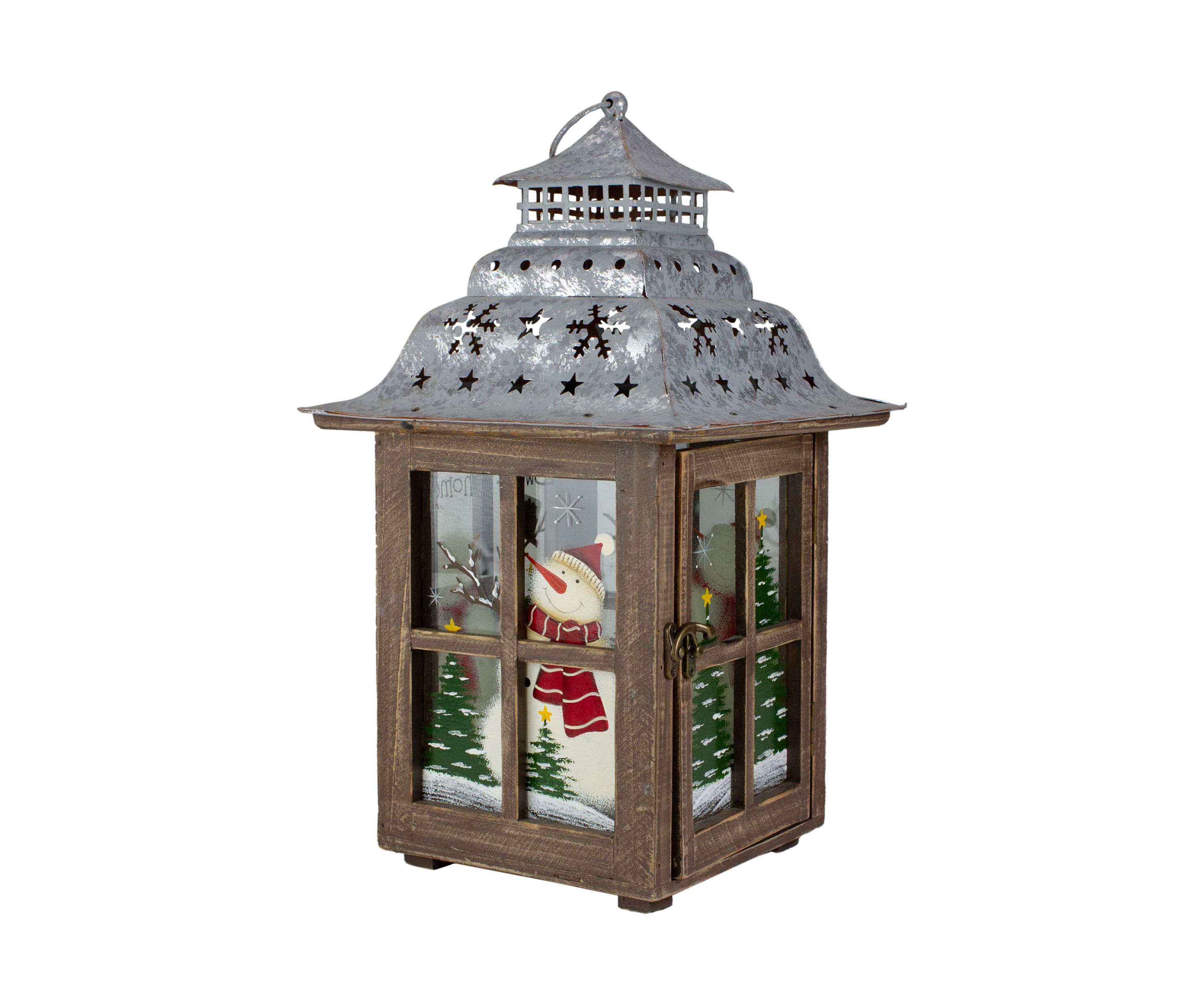 16.5Inch Rustic Wooden Snowman Holiday Scene Christmas Pillar Candle Lantern