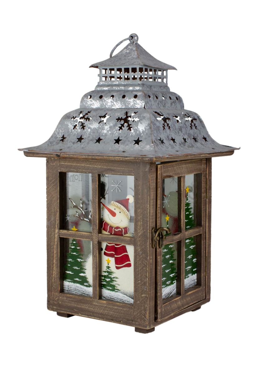 16.5Inch Rustic Wooden Snowman Holiday Scene Christmas Pillar Candle Lantern