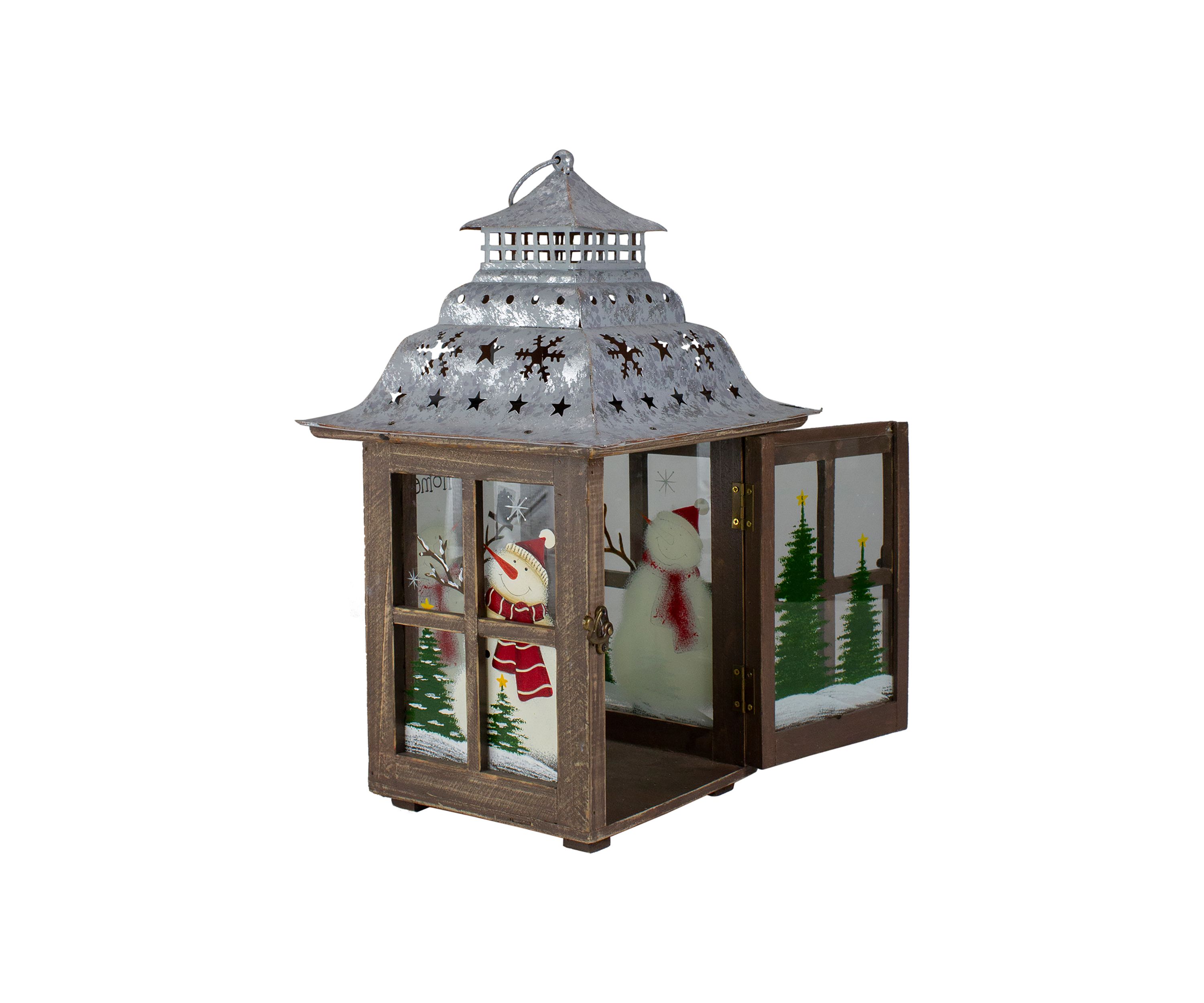 16.5Inch Rustic Wooden Snowman Holiday Scene Christmas Pillar Candle Lantern