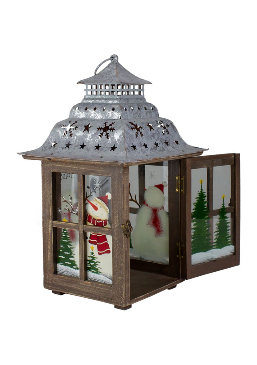 16.5Inch Rustic Wooden Snowman Holiday Scene Christmas Pillar Candle Lantern