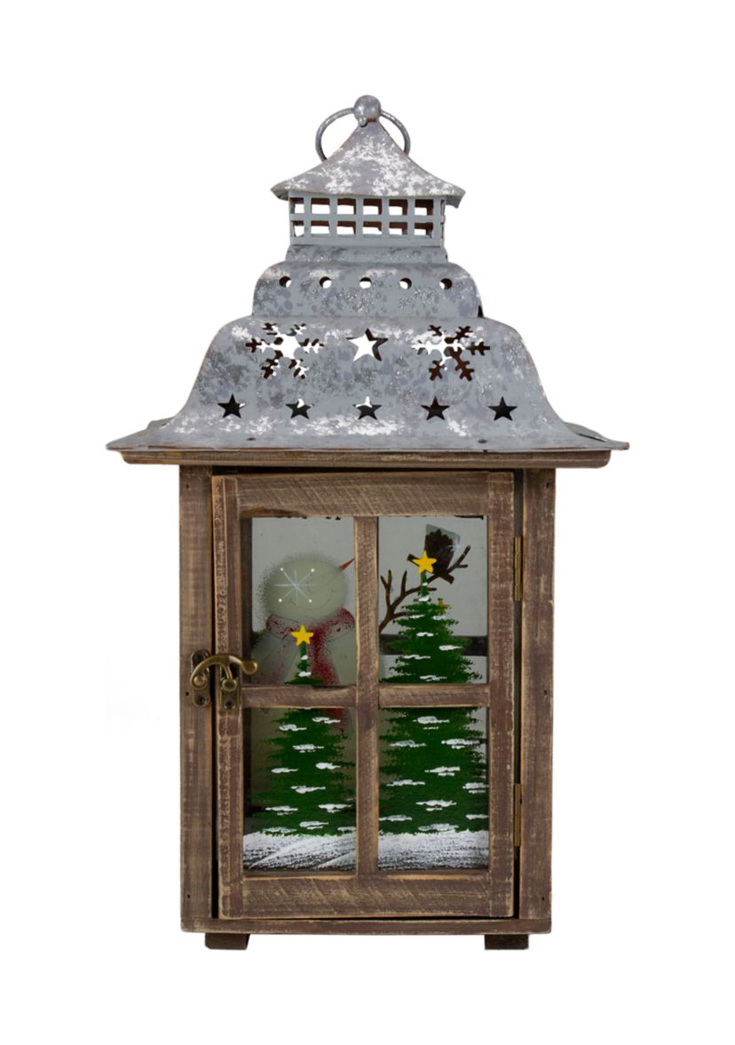 16.5Inch Rustic Wooden Snowman Holiday Scene Christmas Pillar Candle Lantern