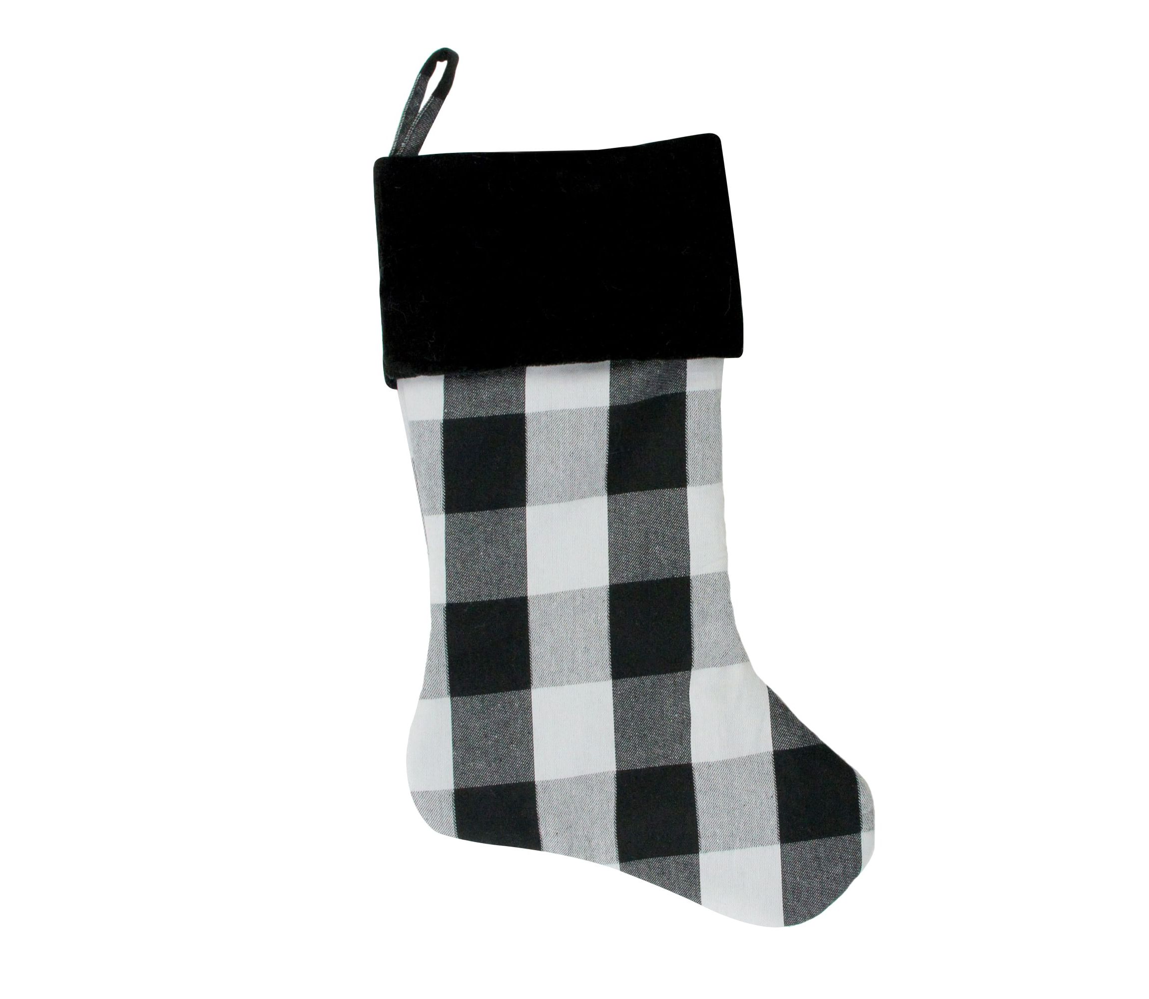 20inch White and Black Buffalo Plaid Christmas Stocking with Cuff