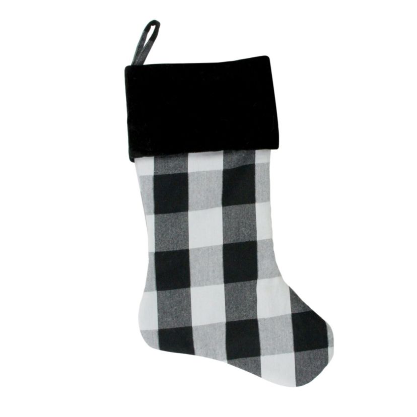 20inch White and Black Buffalo Plaid Christmas Stocking with Cuff