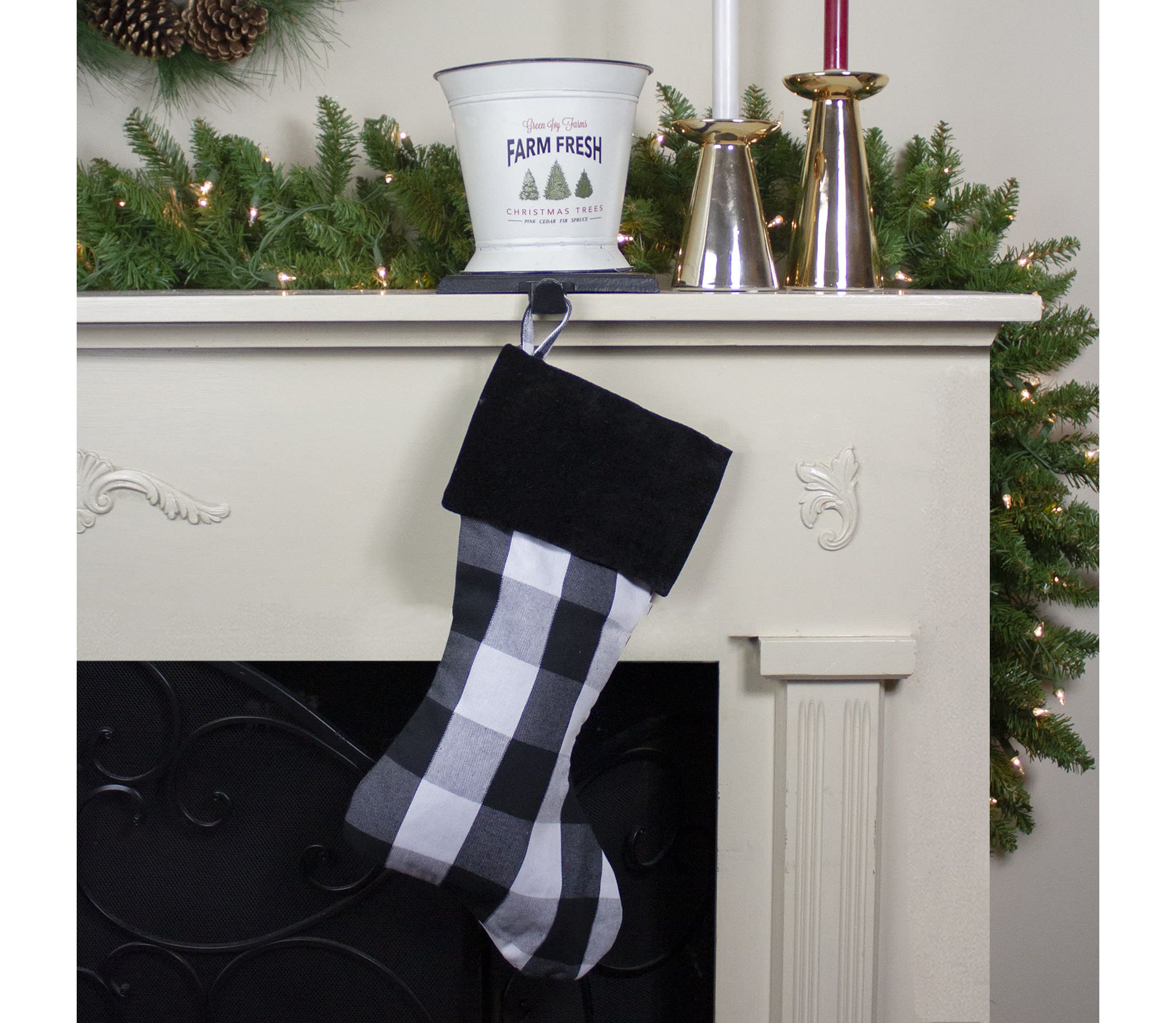 20inch White and Black Buffalo Plaid Christmas Stocking with Cuff