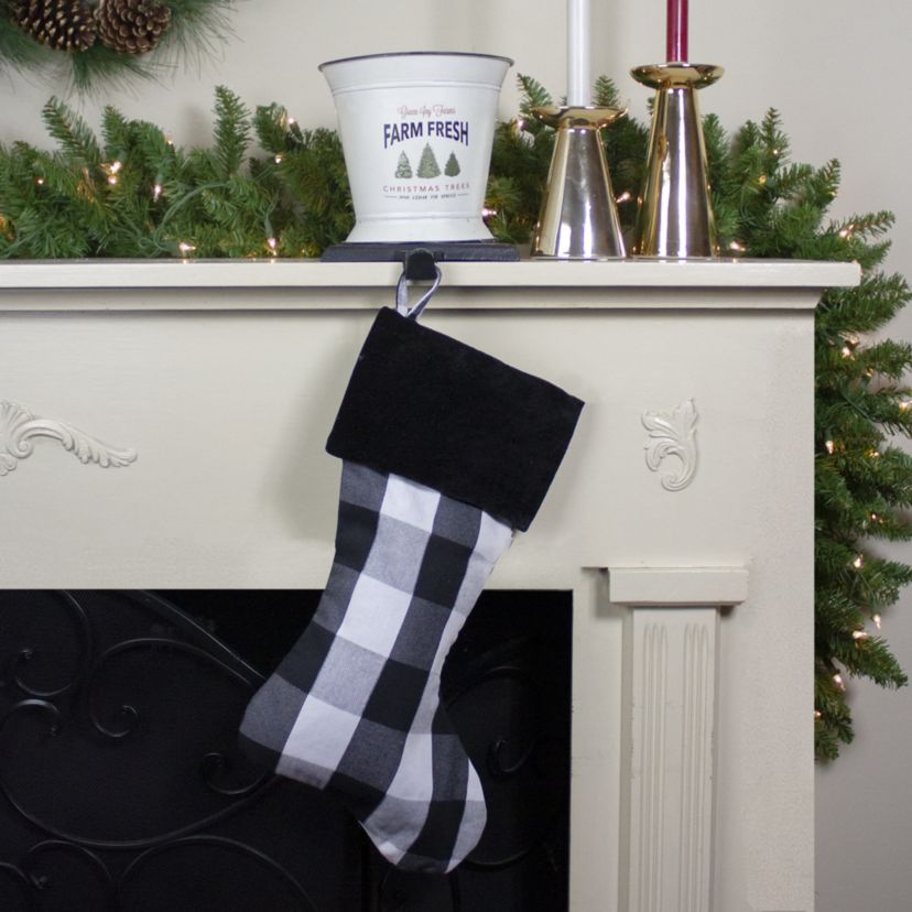 20inch White and Black Buffalo Plaid Christmas Stocking with Cuff