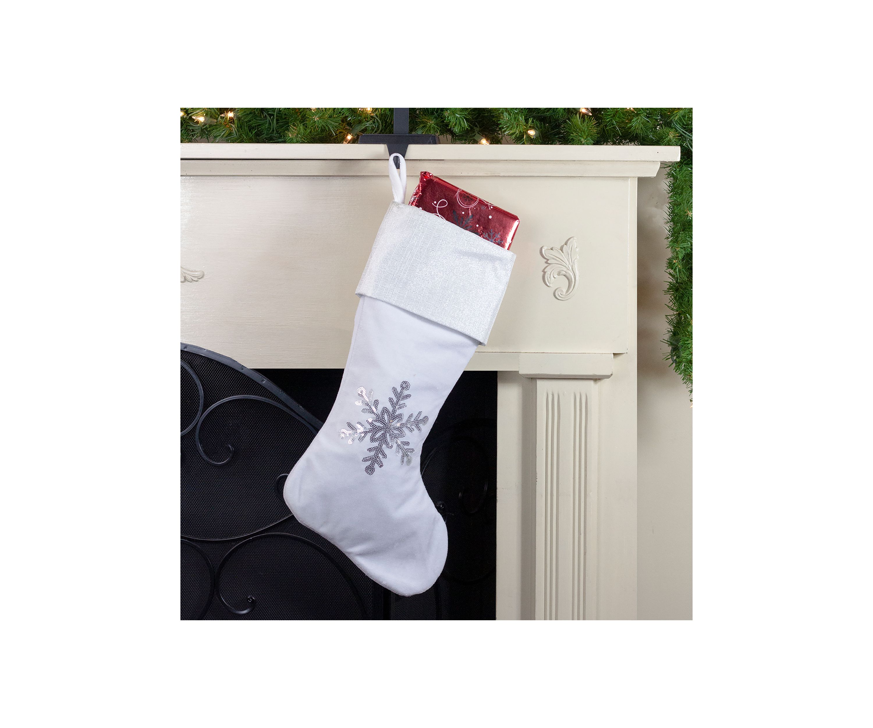 20Inch Silver and White Snowflake Christmas Stocking with Silver Cuff