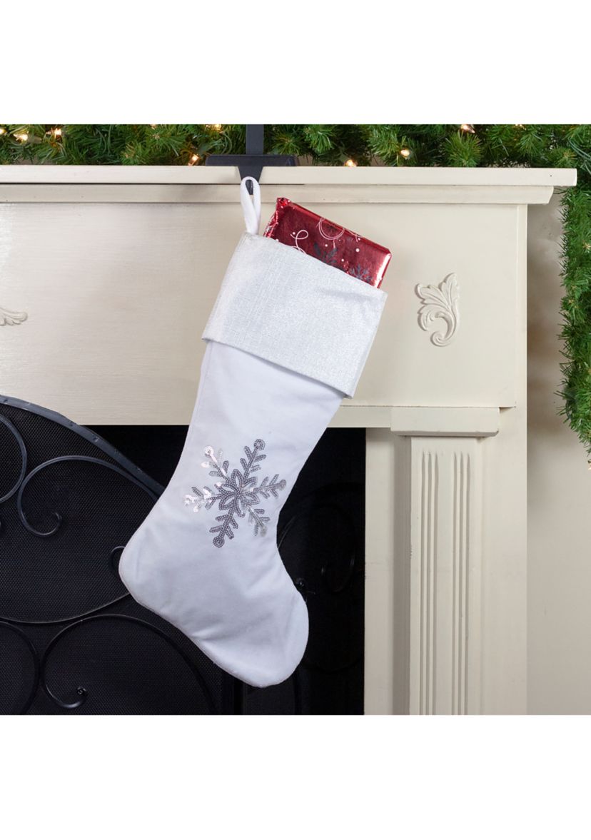 20Inch Silver and White Snowflake Christmas Stocking with Silver Cuff