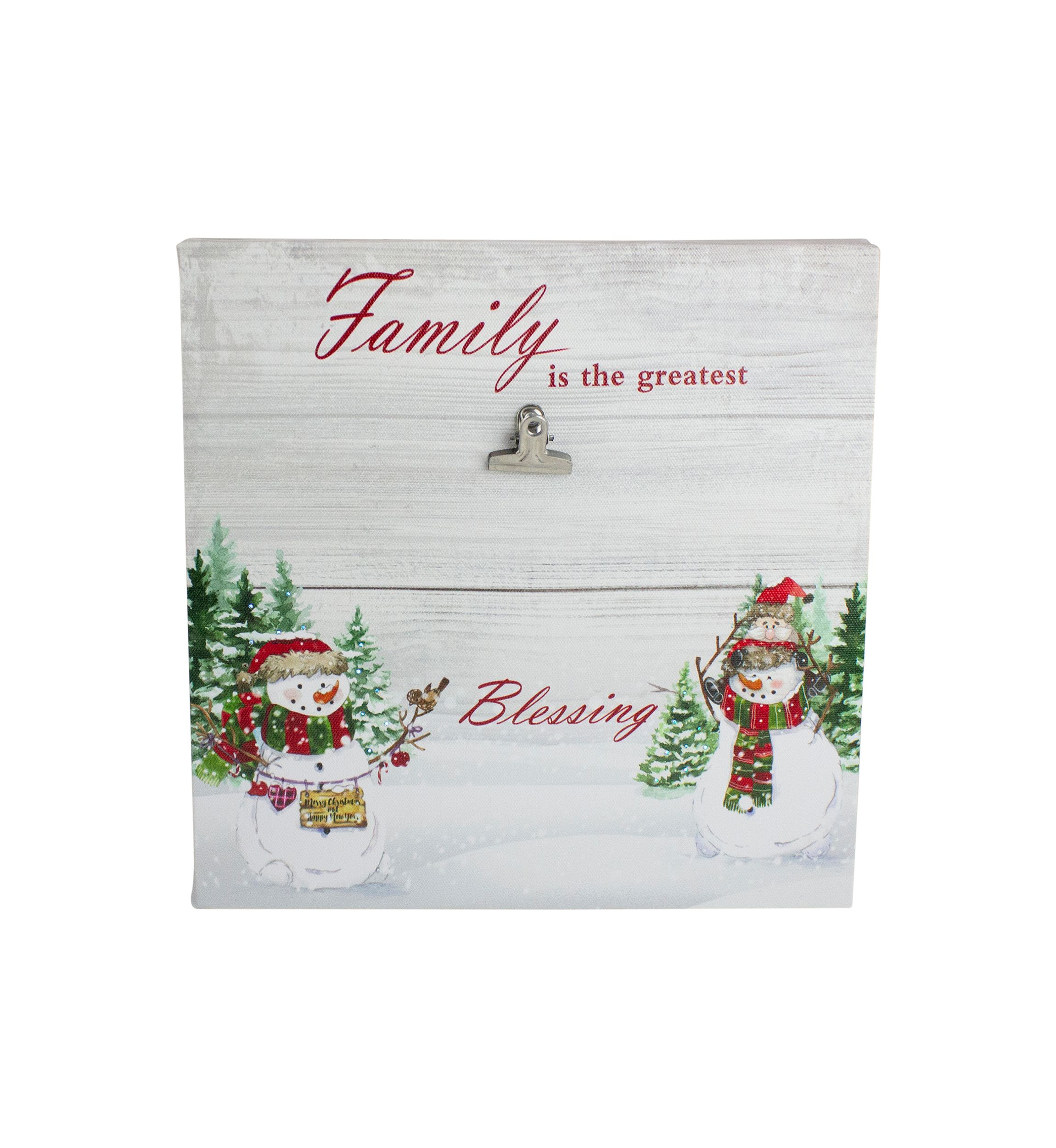 10 Inch Lighted Snowman Family Blessing Christmas Canvas Wall Art with Photo Clip