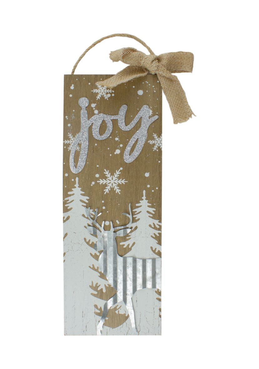 12.5Inch White Trees and Snow with Metal Deer and Joy Wooden Christmas Wall Decor
