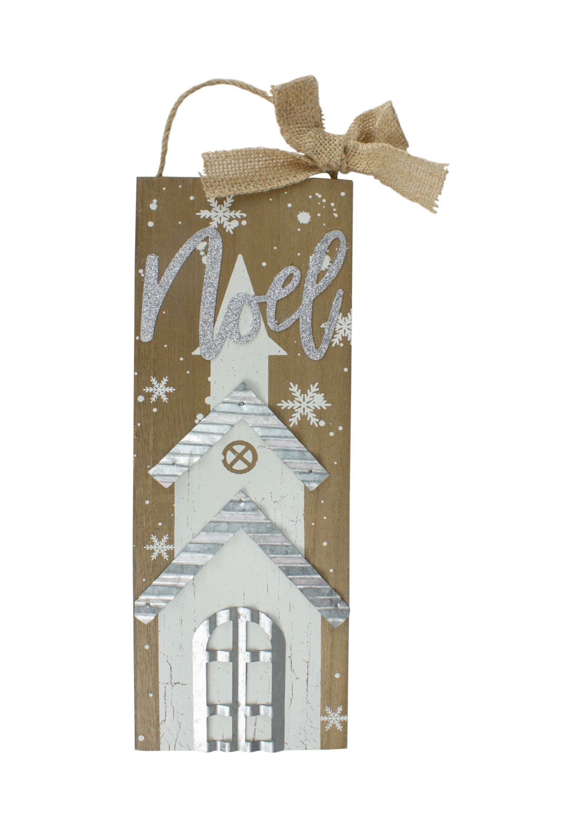 12.5 White Church and Snowflakes with Metal Noel Wooden Christmas Wall Decoration