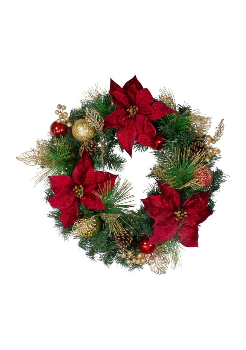 Poinsettias and Ball Ornaments Artificial Christmas Wreath - 24-Inch  Unlit