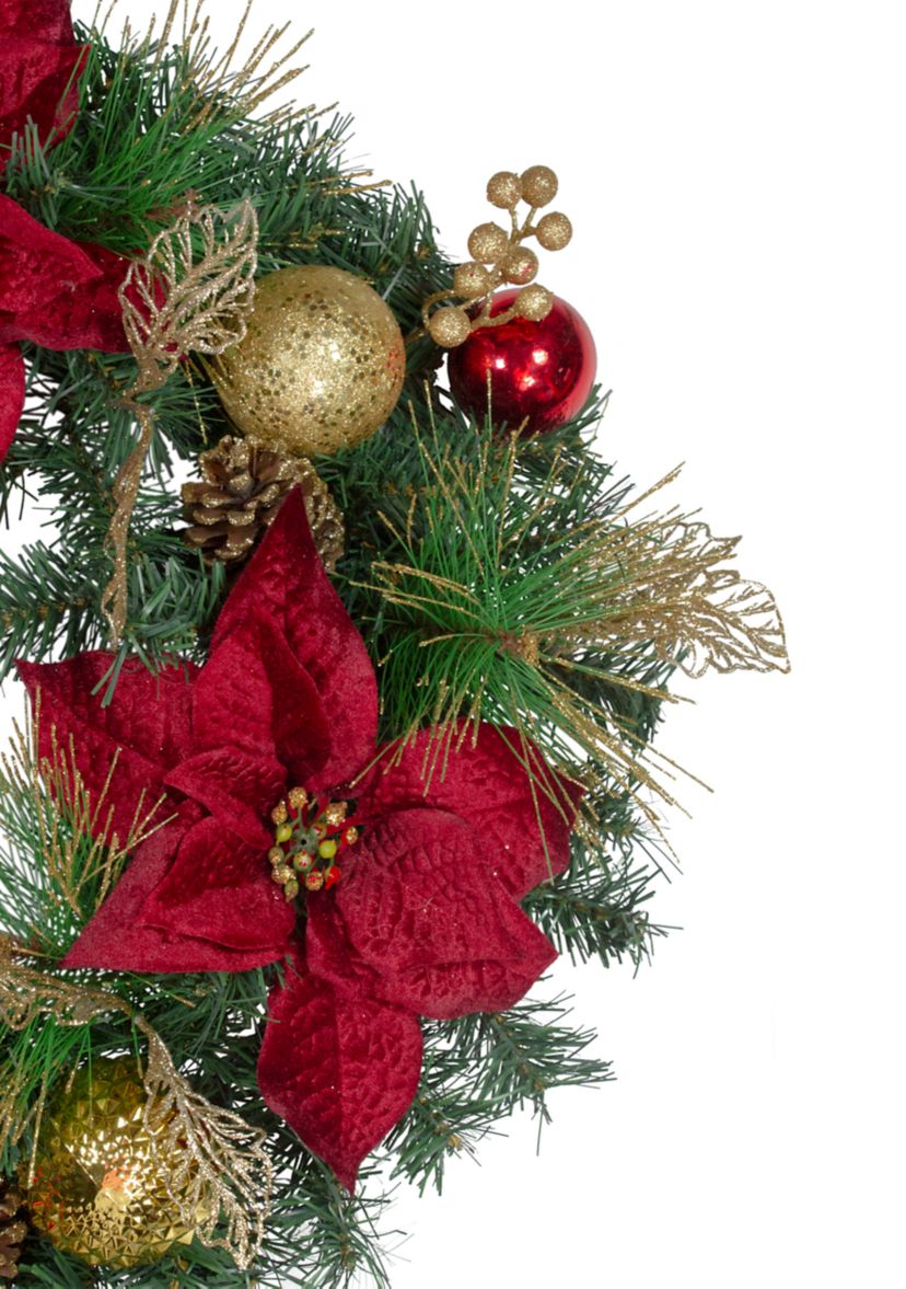 Poinsettias and Ball Ornaments Artificial Christmas Wreath - 24-Inch  Unlit