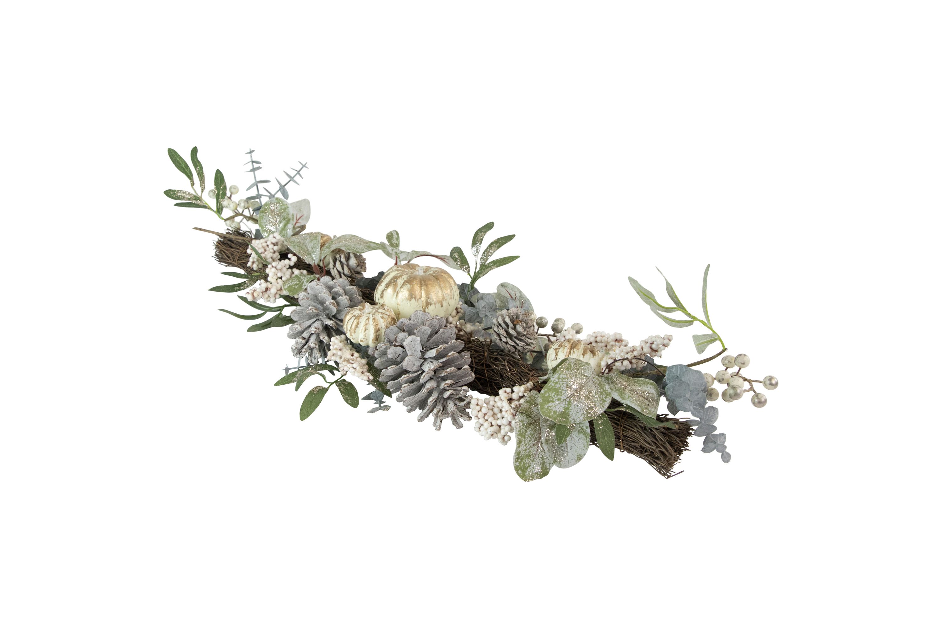 36" Neutral Colored Pumpkin and Pine Cones Fall Harvest Swag - Unlit