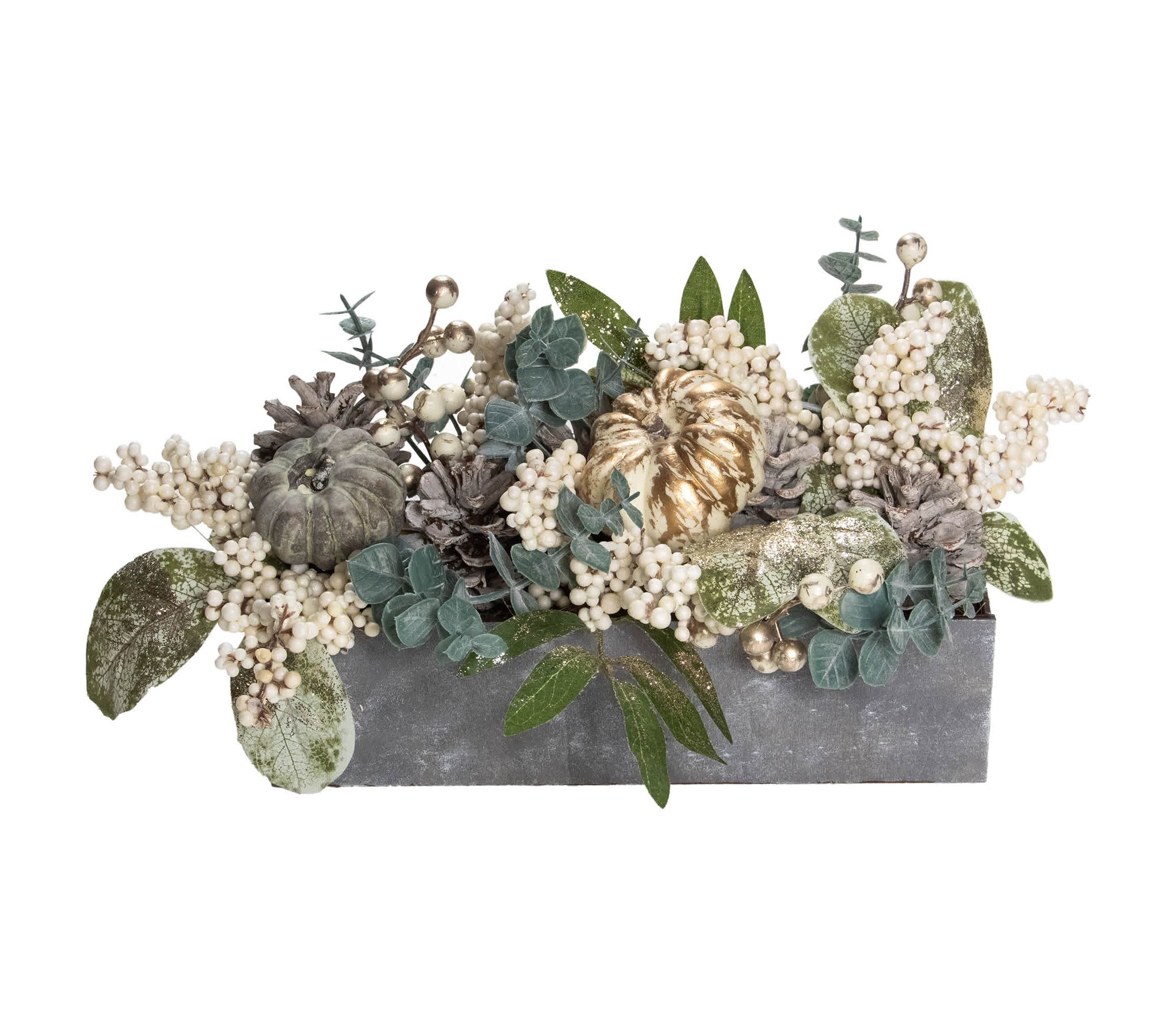 10.25" Neutral Colored Pumpkin and Leaves Fall Harvest Floral Arrangement
