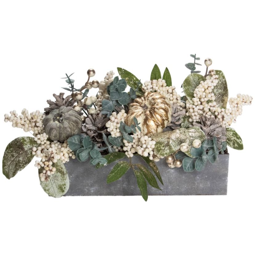 10.25" Neutral Colored Pumpkin and Leaves Fall Harvest Floral Arrangement