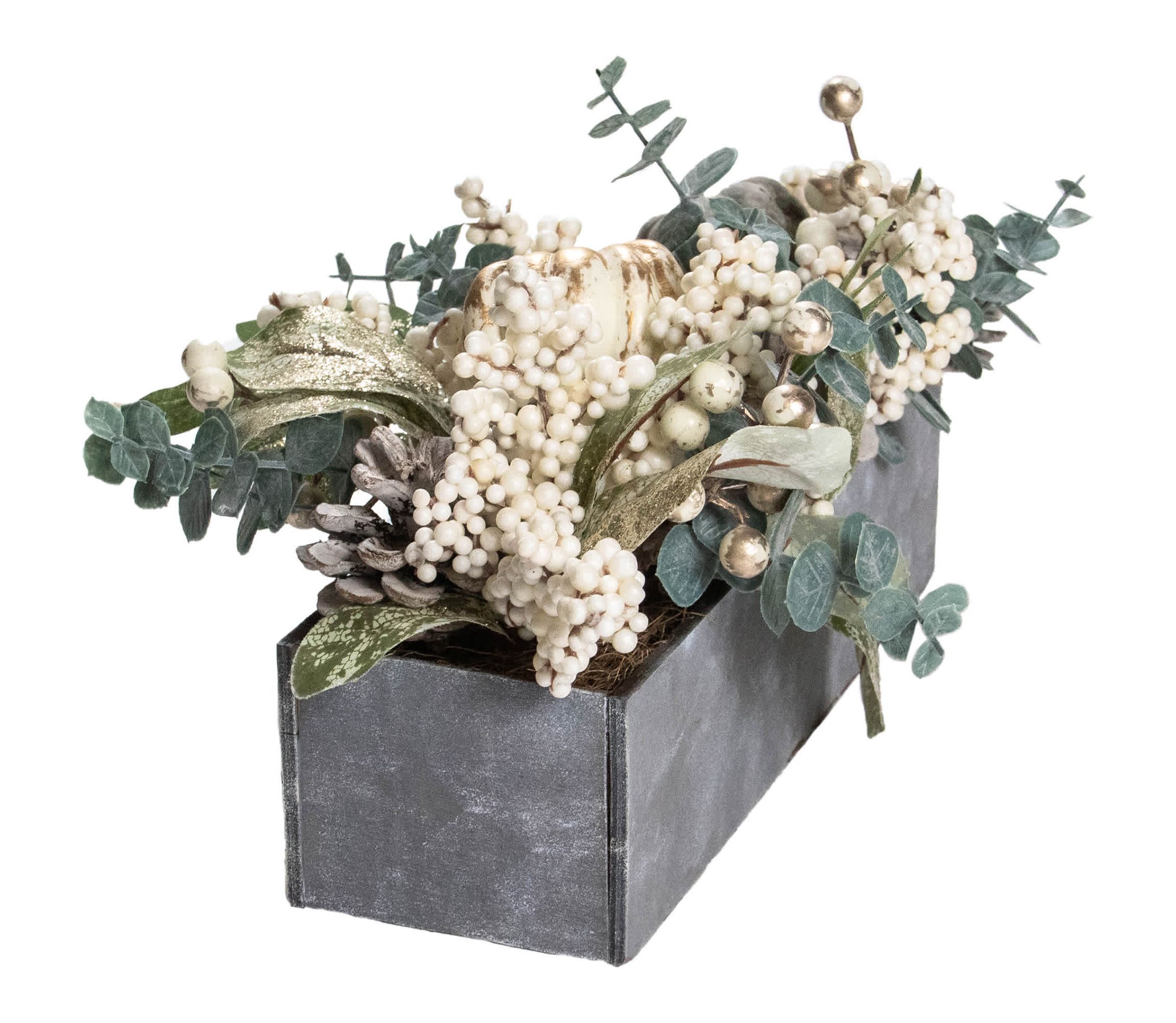 10.25" Neutral Colored Pumpkin and Leaves Fall Harvest Floral Arrangement