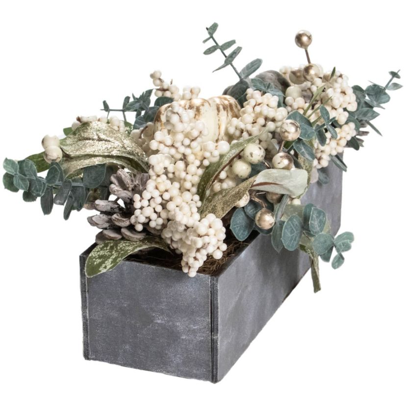 10.25" Neutral Colored Pumpkin and Leaves Fall Harvest Floral Arrangement