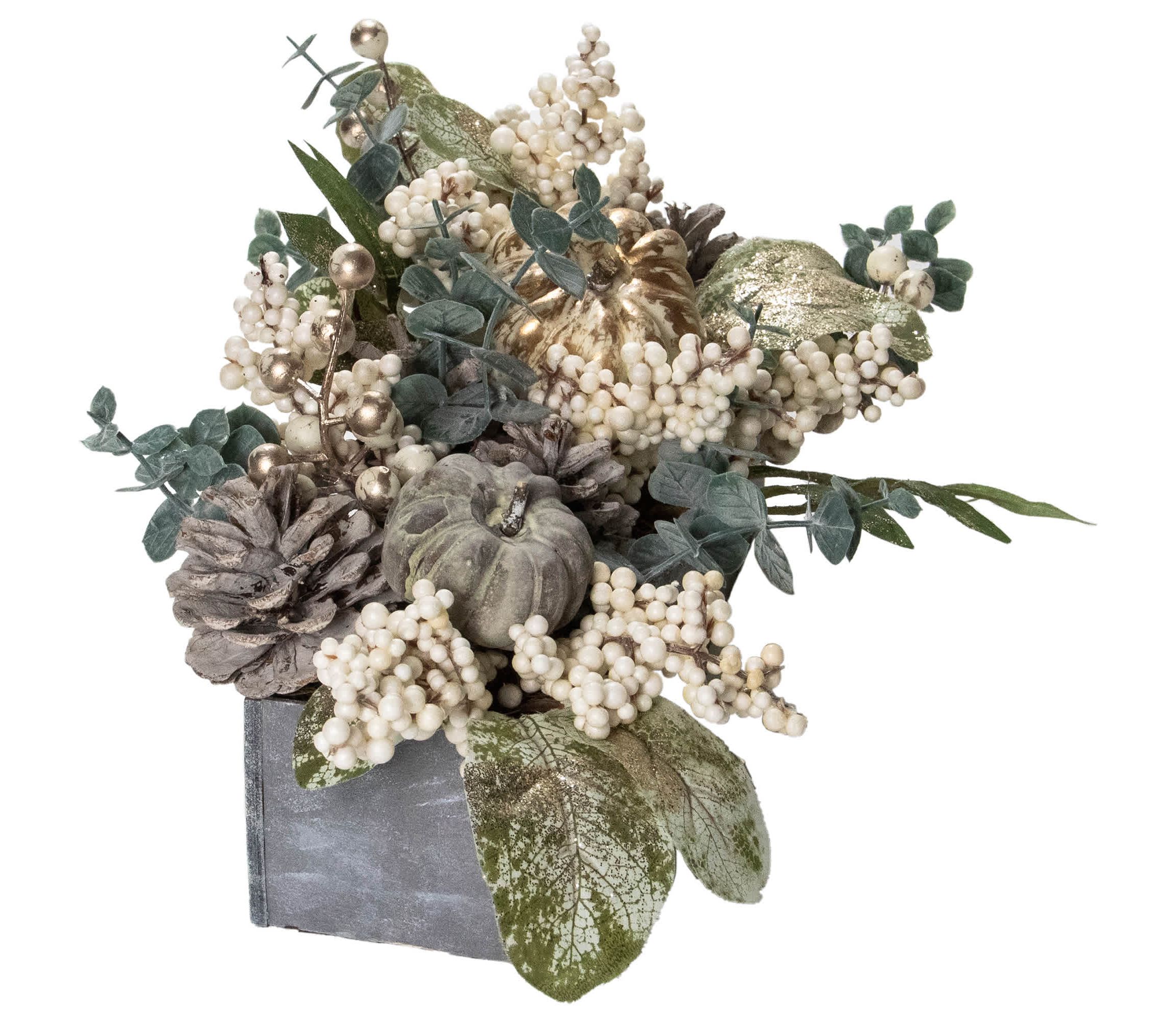 10.25" Neutral Colored Pumpkin and Leaves Fall Harvest Floral Arrangement