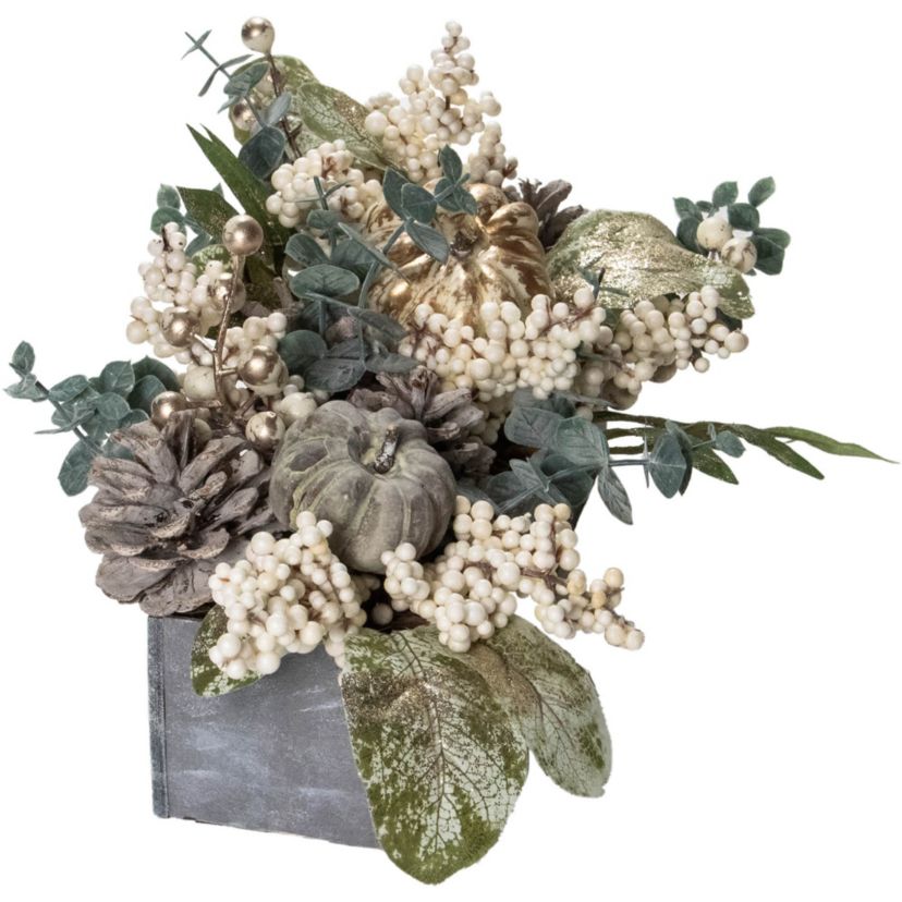10.25" Neutral Colored Pumpkin and Leaves Fall Harvest Floral Arrangement