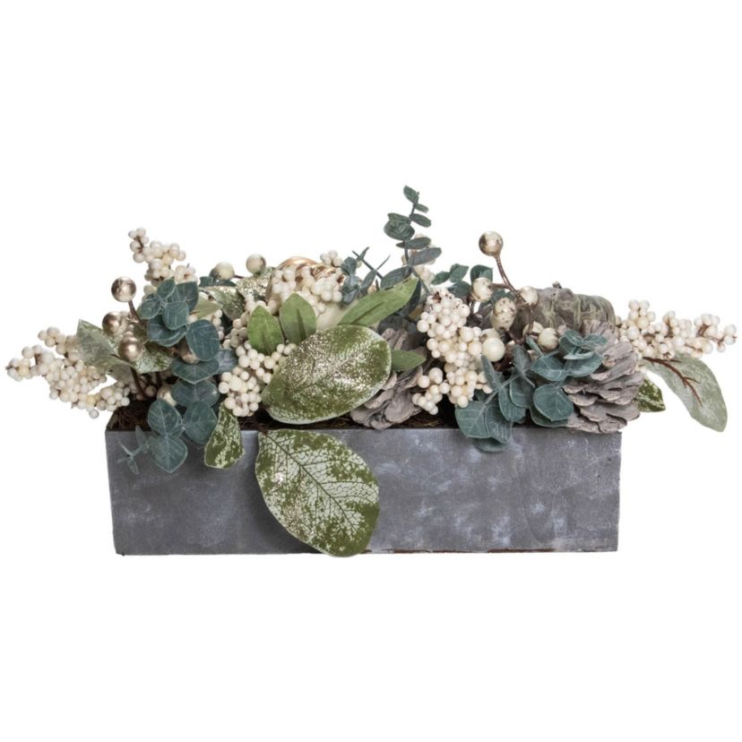 10.25" Neutral Colored Pumpkin and Leaves Fall Harvest Floral Arrangement