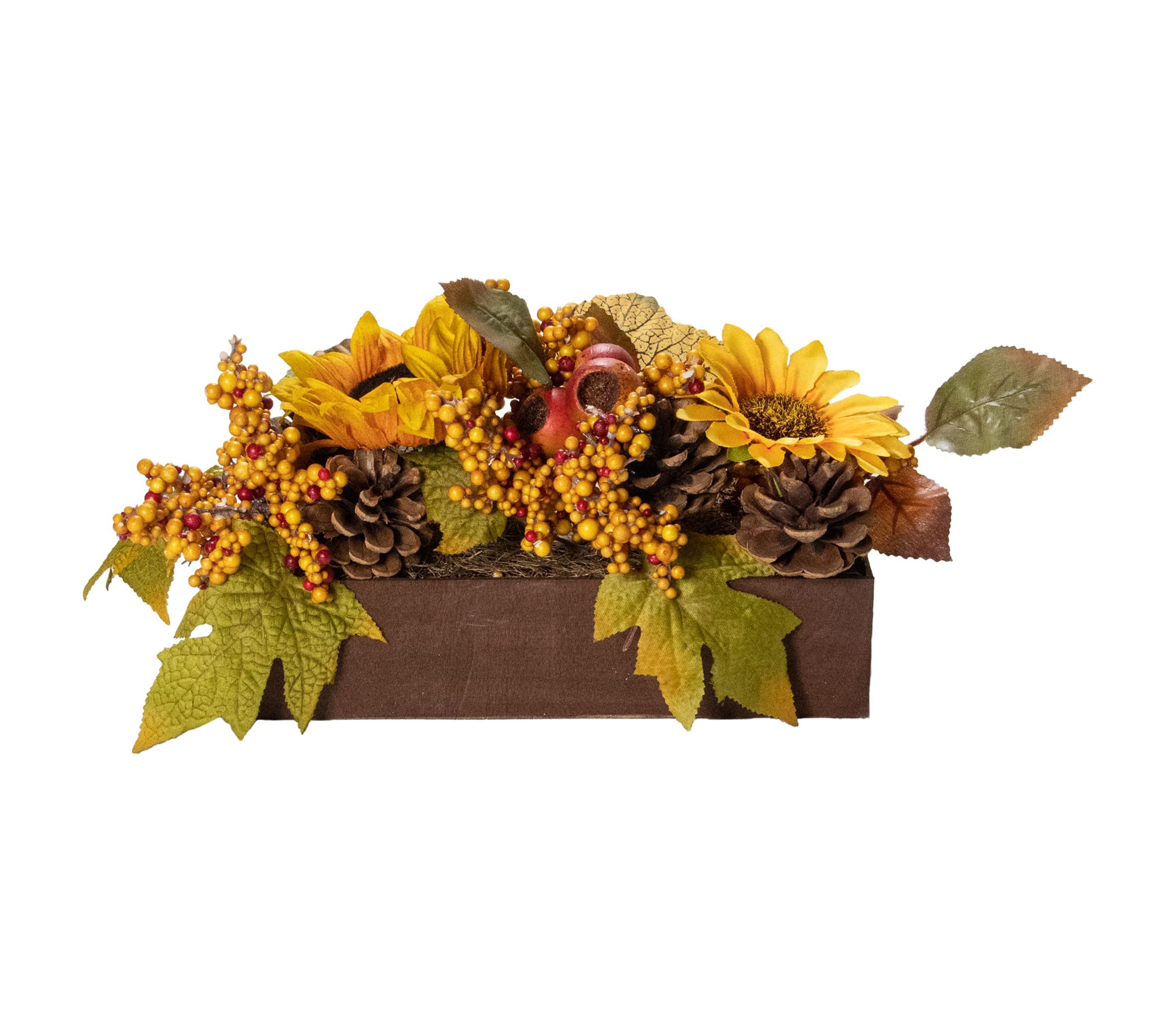 10" Yellow and Brown Sunflowers and Leaves Fall Harvest Floral Arrangement