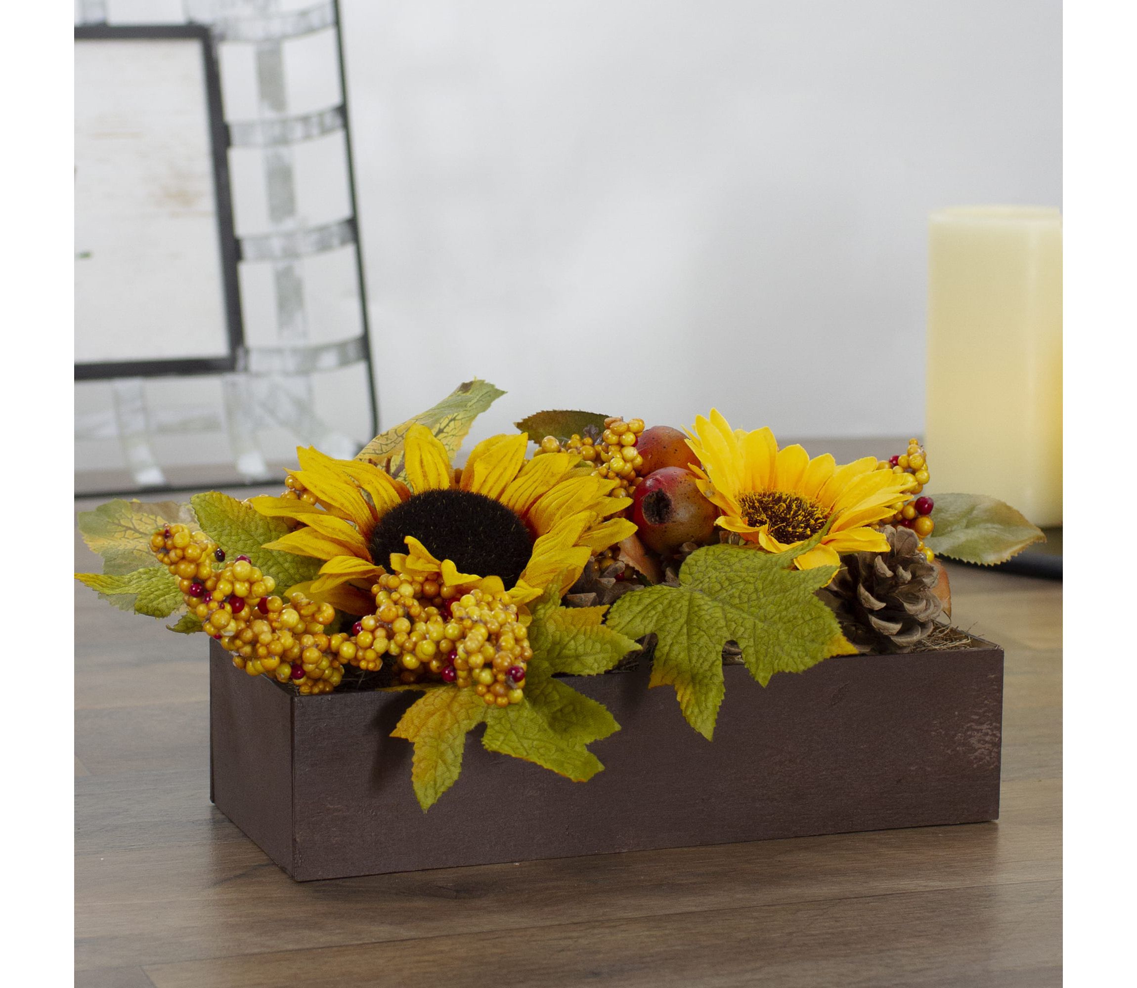 10" Yellow and Brown Sunflowers and Leaves Fall Harvest Floral Arrangement