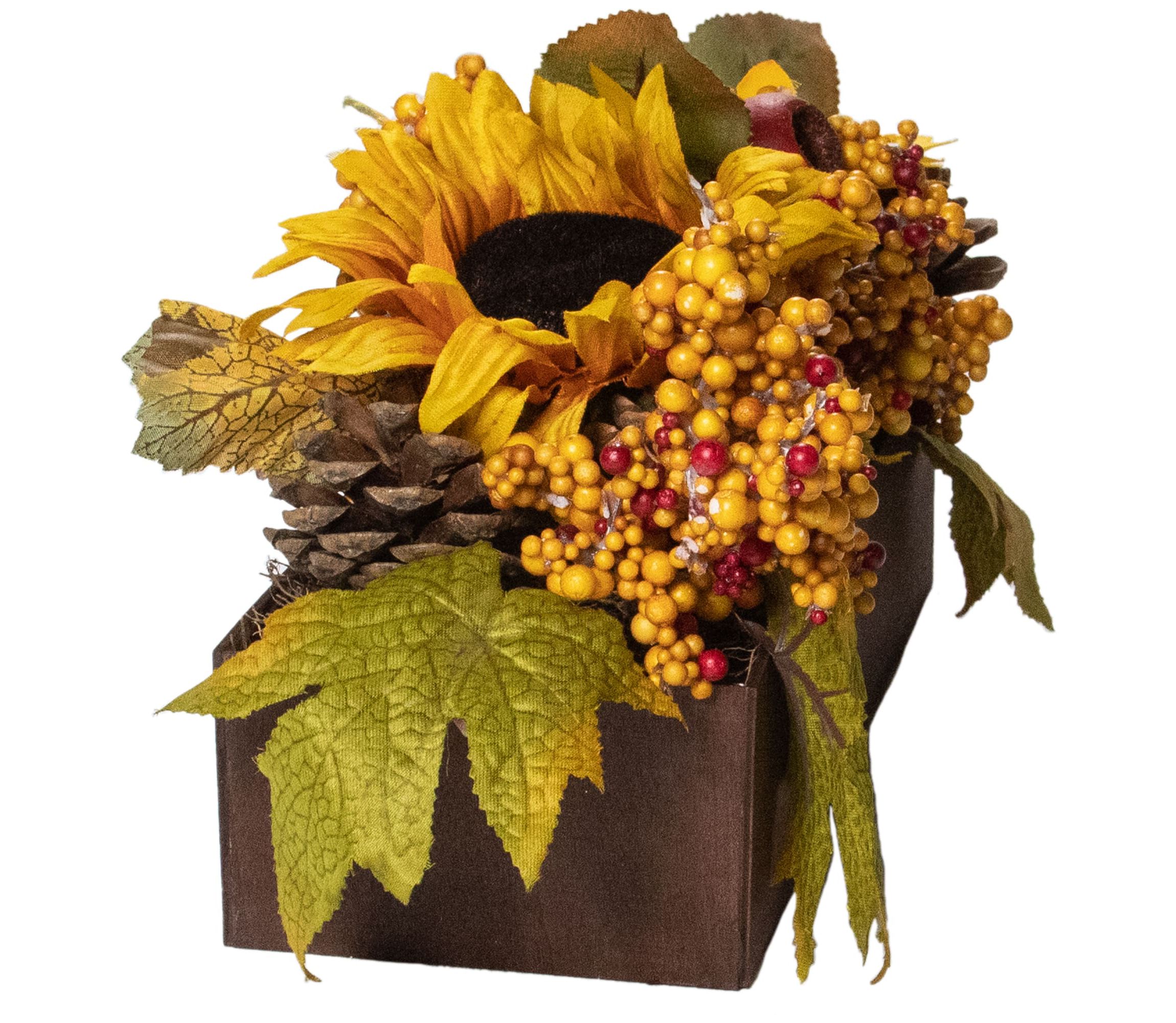 10" Yellow and Brown Sunflowers and Leaves Fall Harvest Floral Arrangement