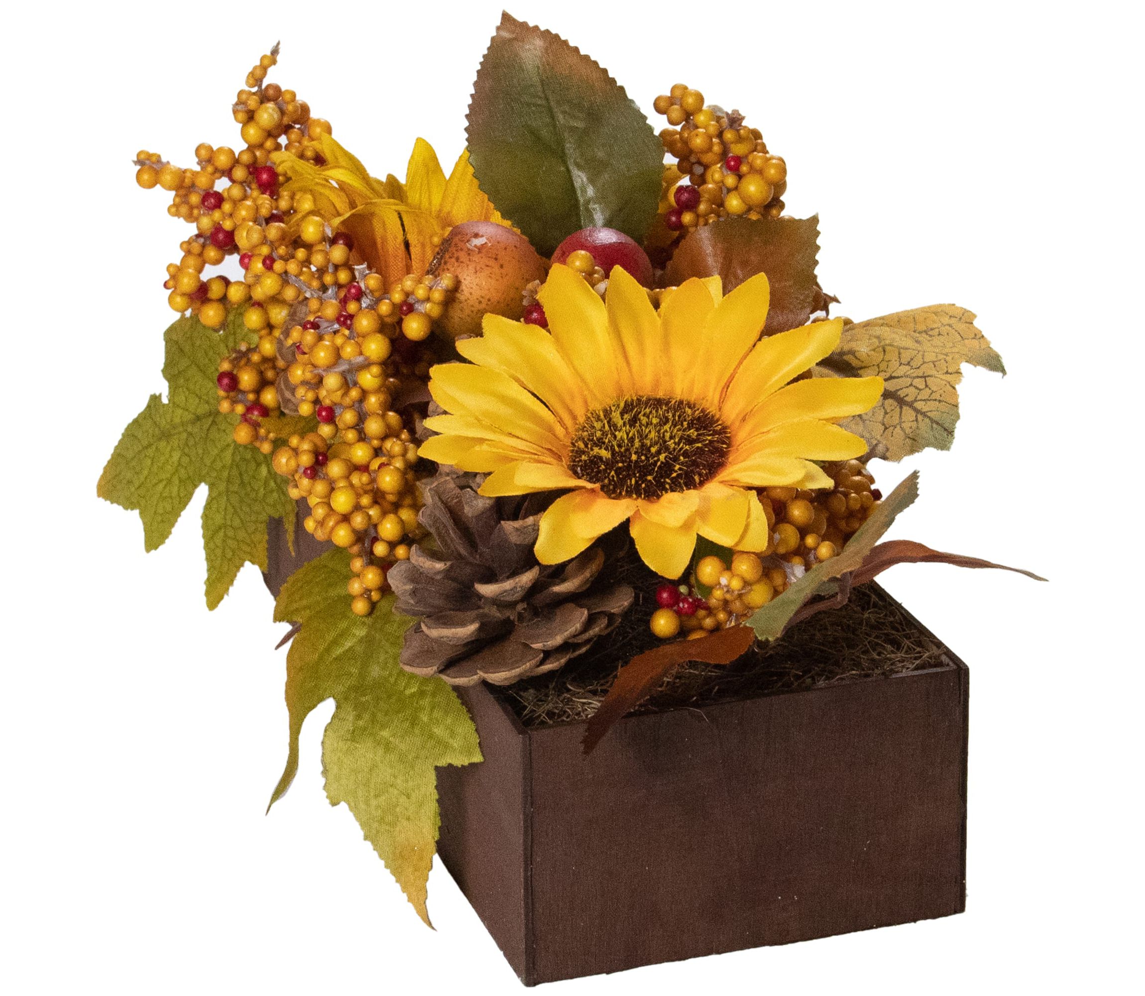 10" Yellow and Brown Sunflowers and Leaves Fall Harvest Floral Arrangement