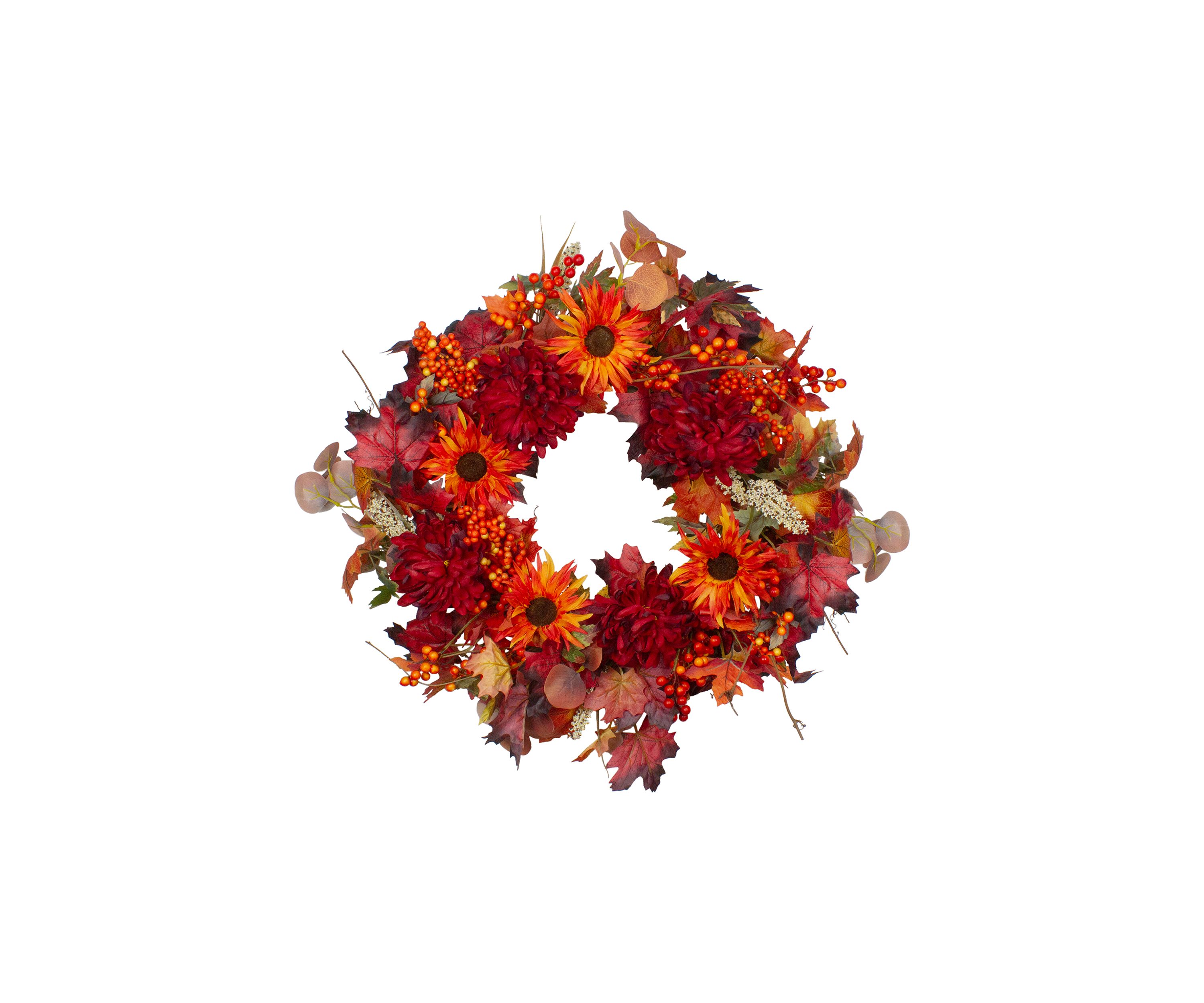 Leaves and Flowers Fall Harvest Wreath - 24- inch  Unlit