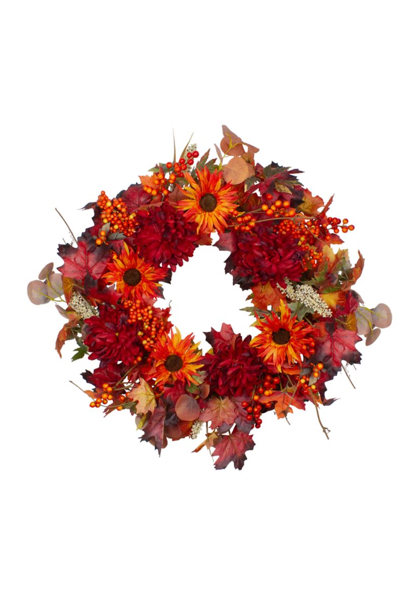 Leaves and Flowers Fall Harvest Wreath - 24- inch  Unlit