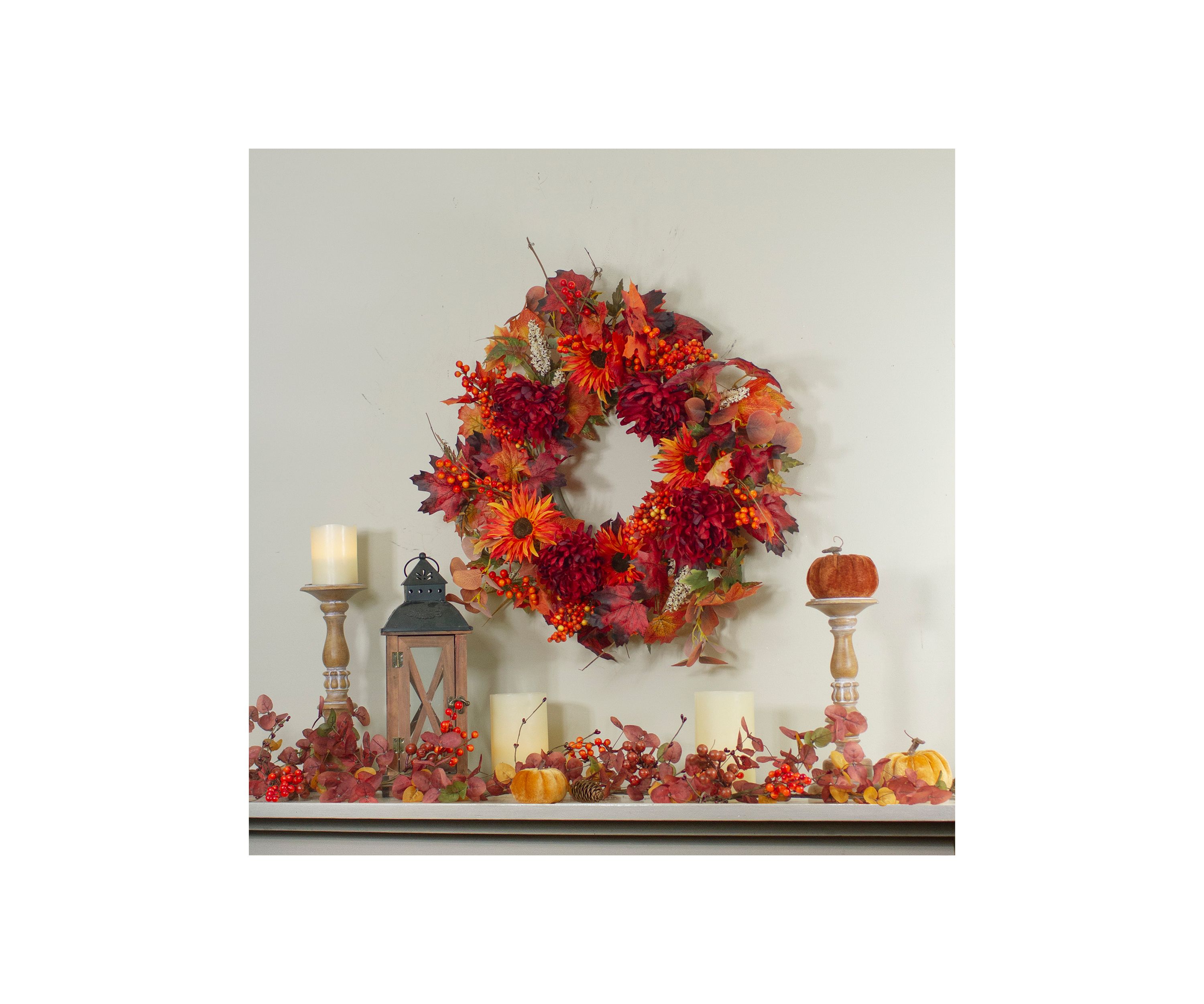 Leaves and Flowers Fall Harvest Wreath - 24- inch  Unlit