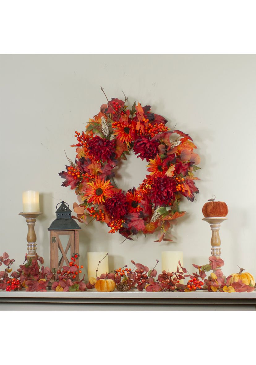 Leaves and Flowers Fall Harvest Wreath - 24- inch  Unlit