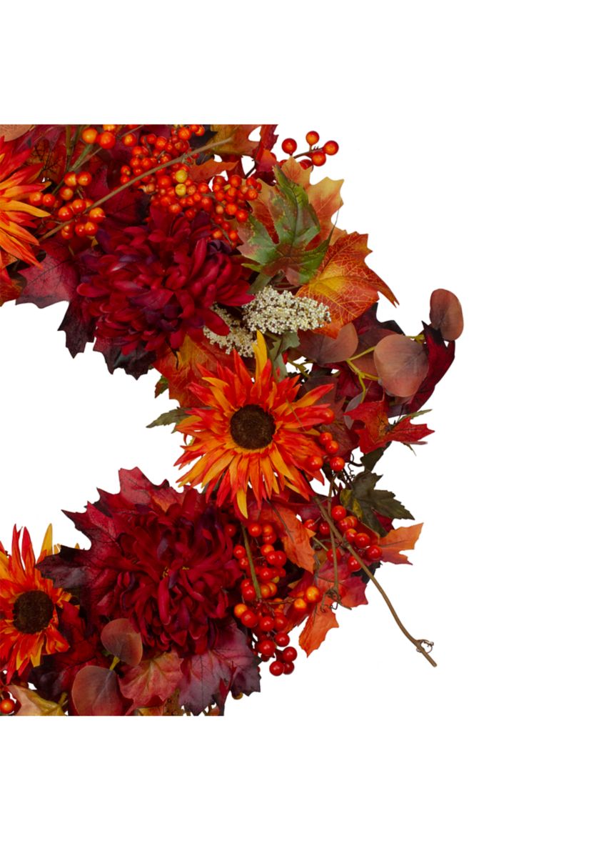 Leaves and Flowers Fall Harvest Wreath - 24- inch  Unlit