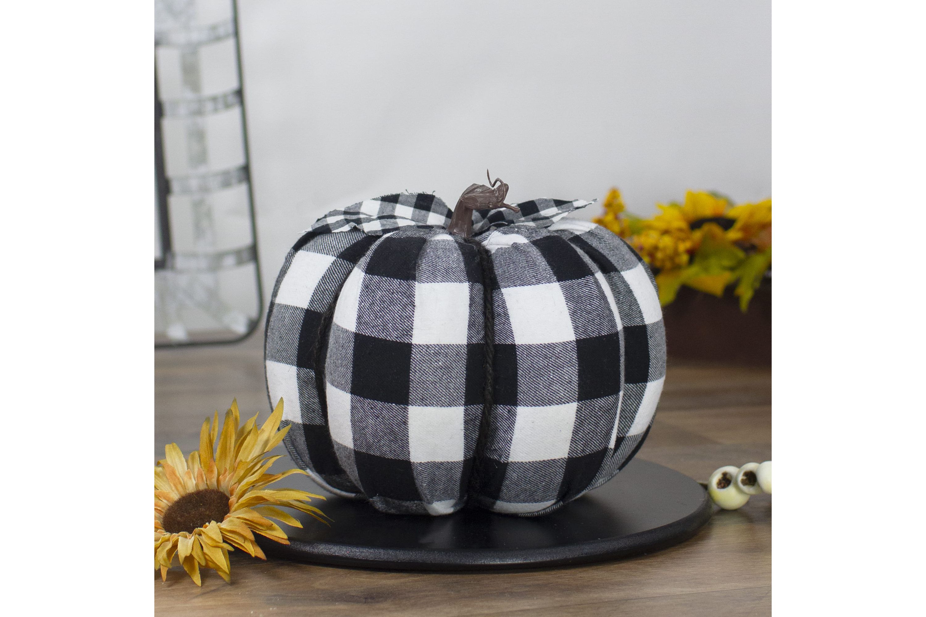 7inch Black and White Buffalo Plaid Fall Harvest Tabletop Pumpkin