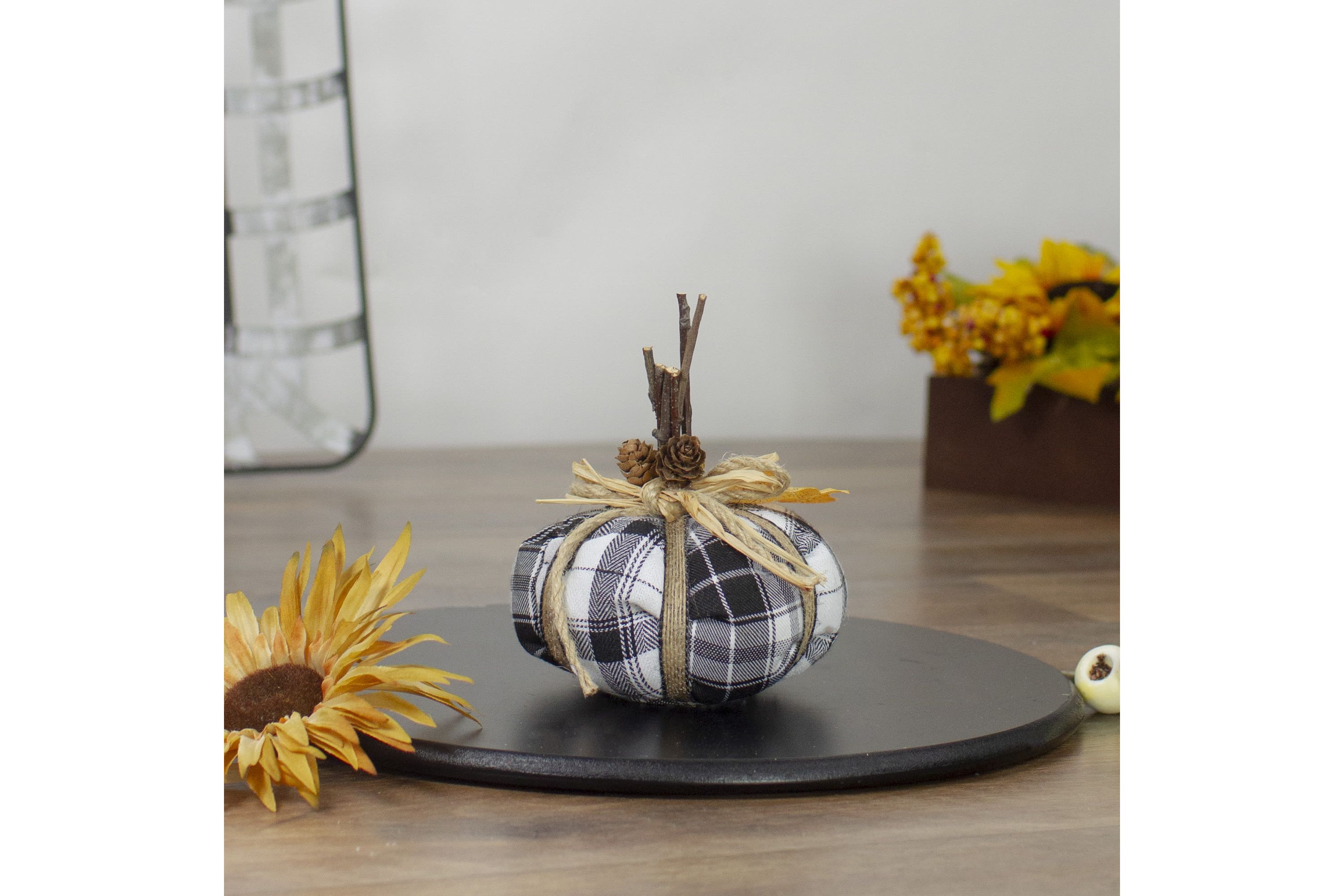 5inch Black and White Plaid Fall Harvest Plush Pumpkin
