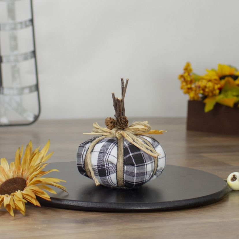 5inch Black and White Plaid Fall Harvest Plush Pumpkin