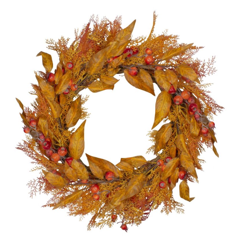 Yellow and Orange Berry and Leaves Fall Harvest Artificial Wreath - 24-Inch Unlit