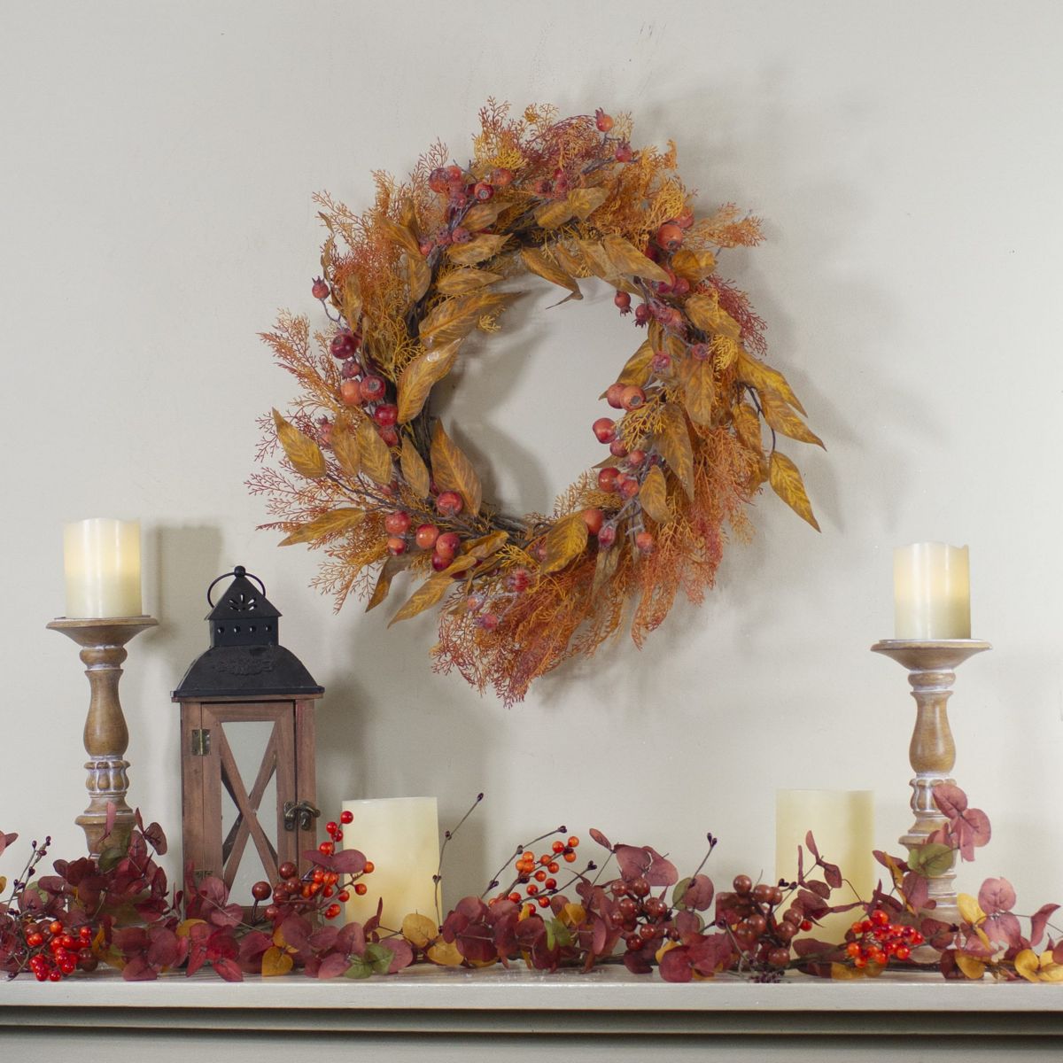 Yellow and Orange Berry and Leaves Fall Harvest Artificial Wreath - 24-Inch Unlit