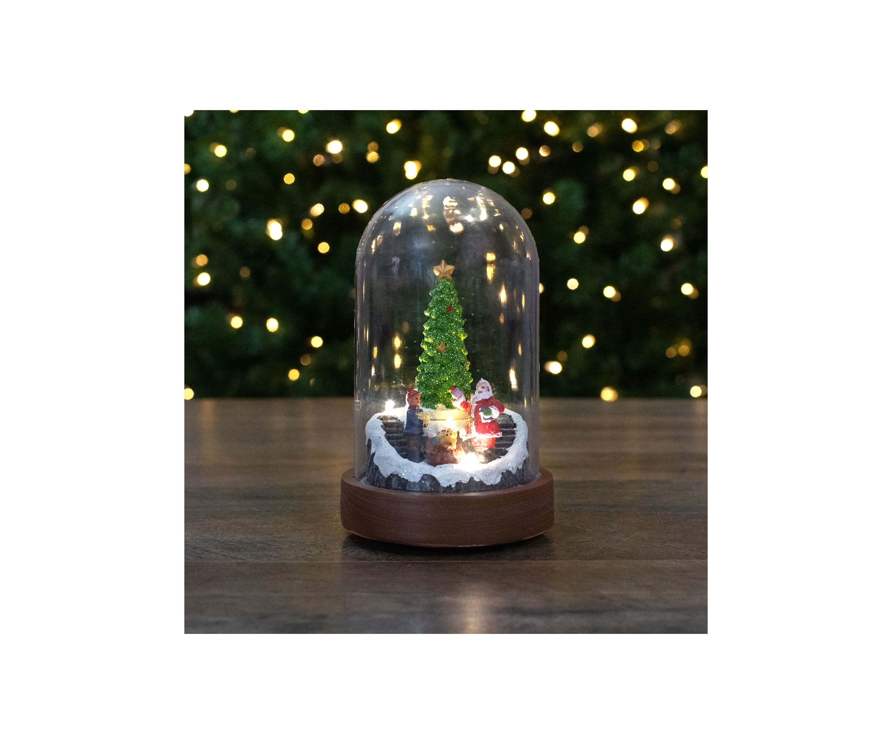 7Inch Lighted Santa and Christmas Tree Cloche Style Decoration