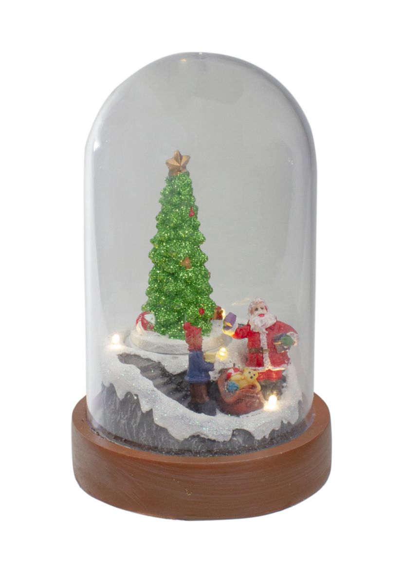 7Inch Lighted Santa and Christmas Tree Cloche Style Decoration