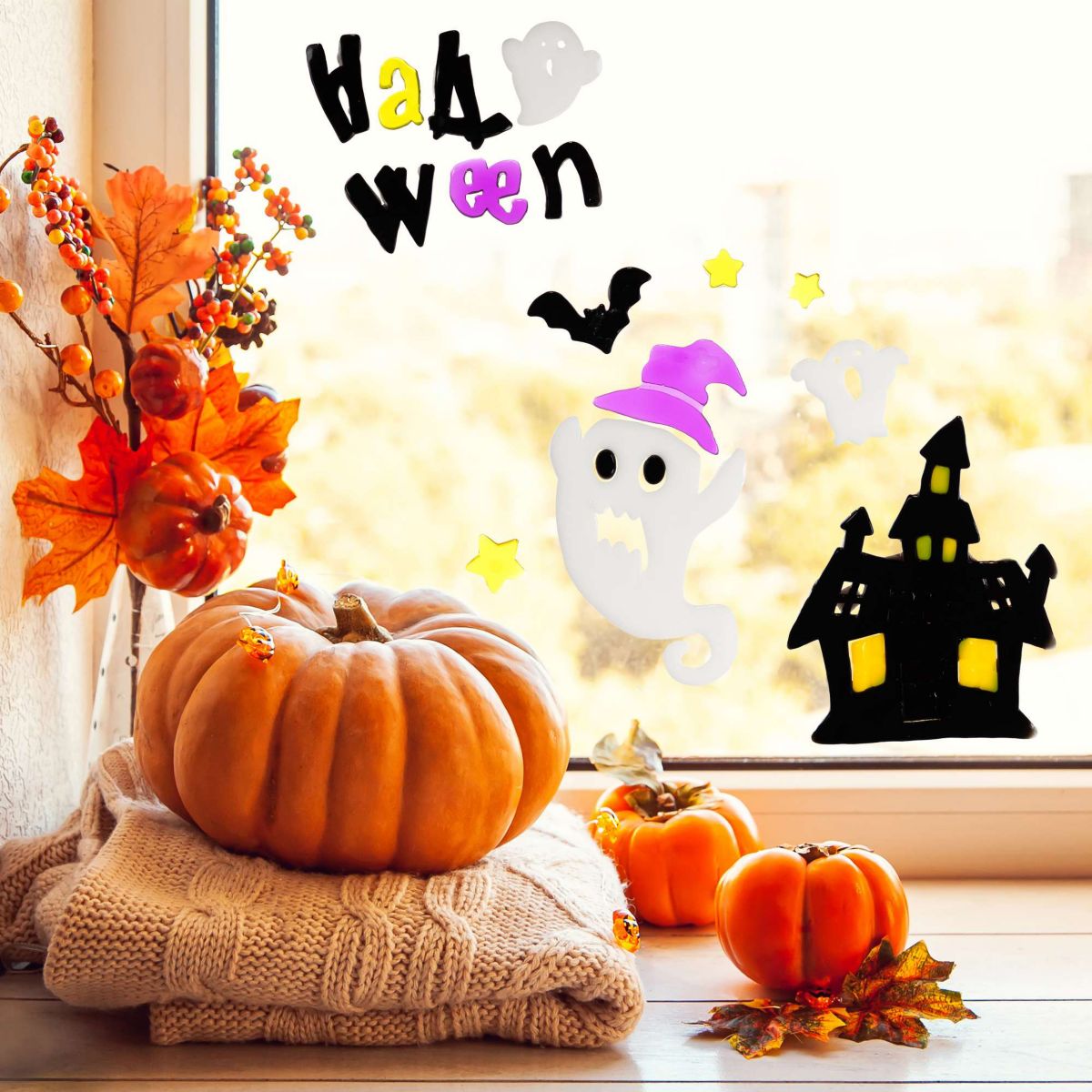 Haunted House and Ghost Halloween Gel Window Clings - Purple and Black - 15pc